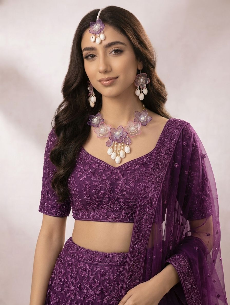 Lavender-Pink Floral Bridal Jewelry Set | Haldi-Mehndi