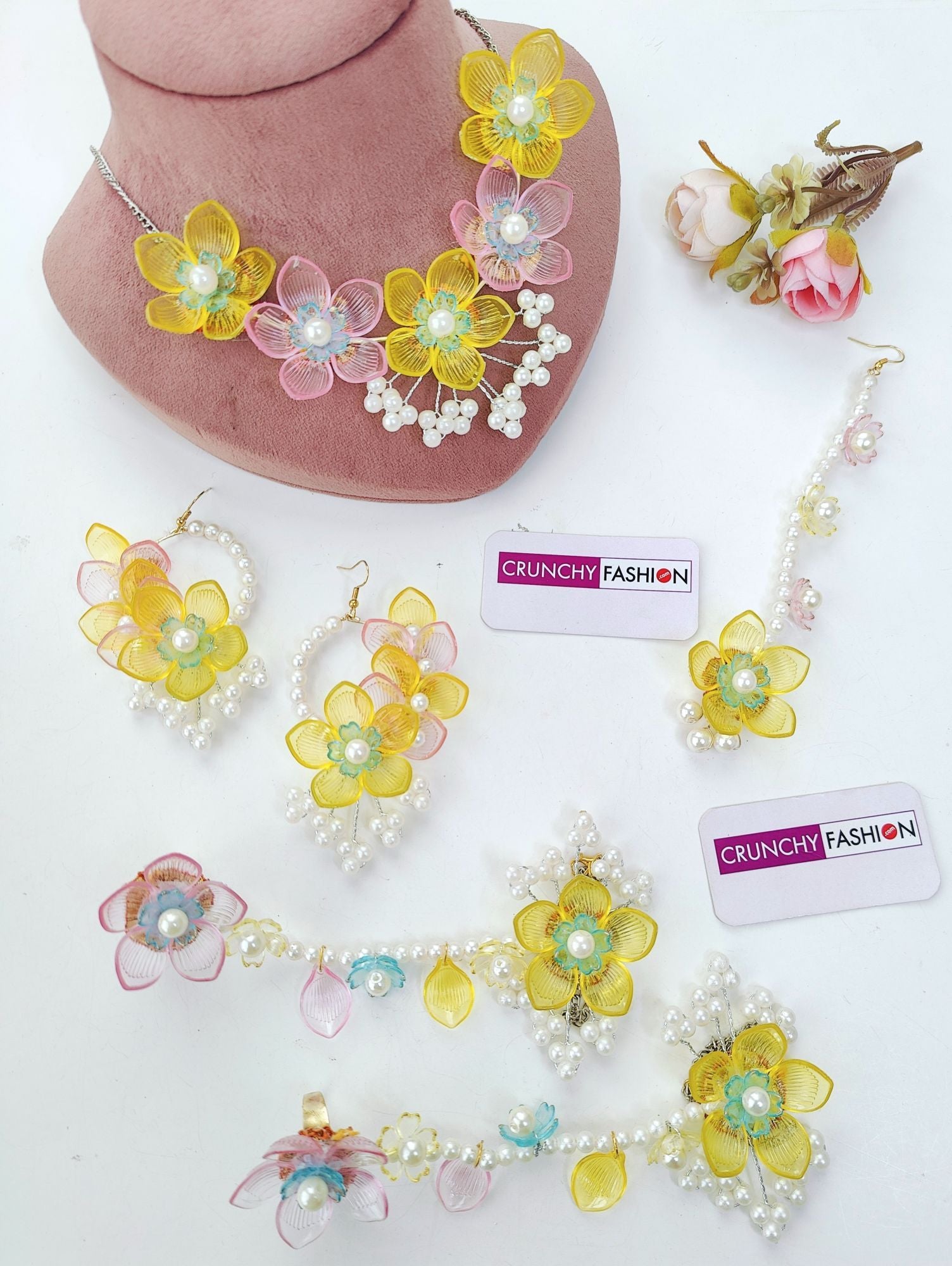 Lavish pink and yellow floral resin jewellery set, gold-plated for brides, ideal for haldi and mehndi ceremony