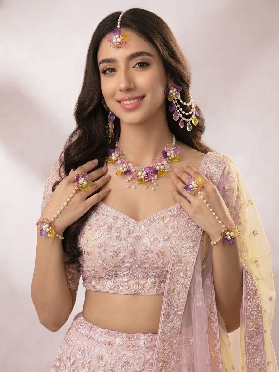 Yellow-Purple Acrylic Floral Jewellery Set for Haldi-Mehndi, Carnival