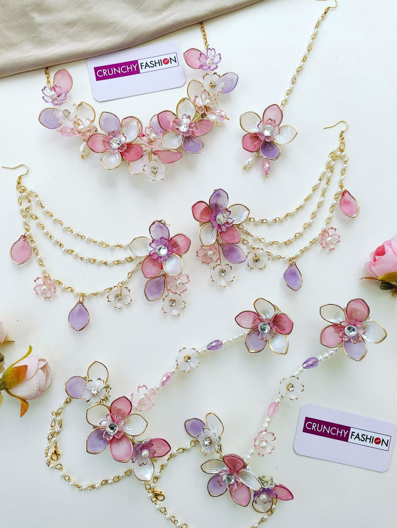 Handmade Lavender-Pink floral acrylic jewellery set with gold plating, ideal for haldi and mehndi ceremonies at weddings