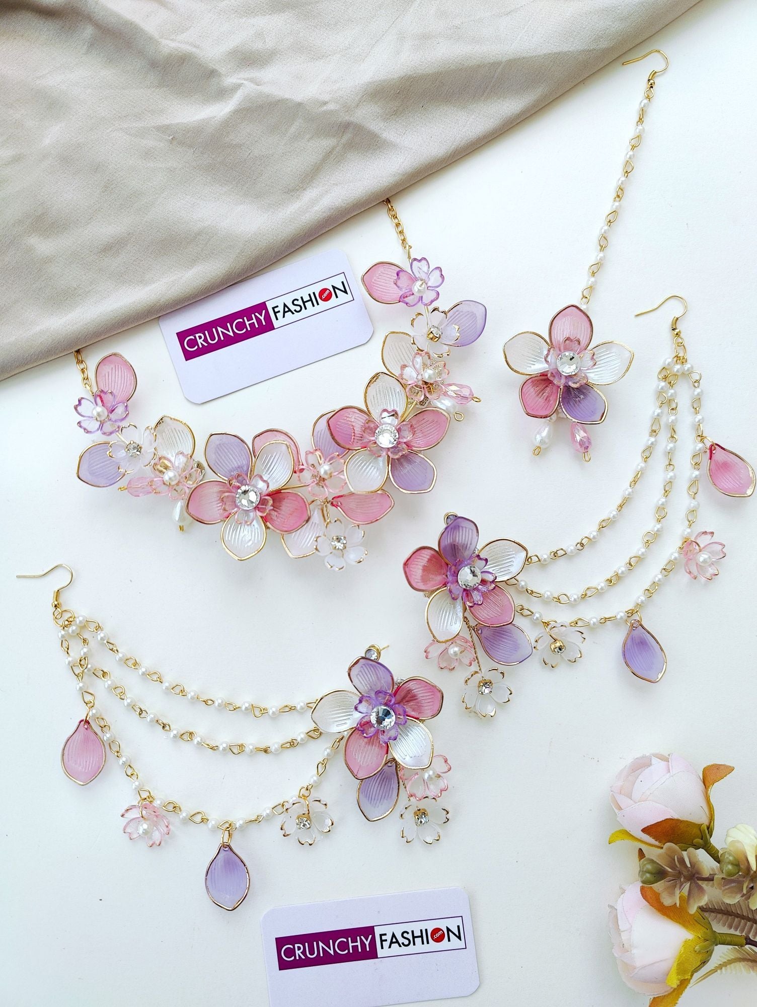 Handmade Lavender-Pink floral acrylic jewellery set with gold plating, ideal for haldi and mehndi ceremonies at weddings