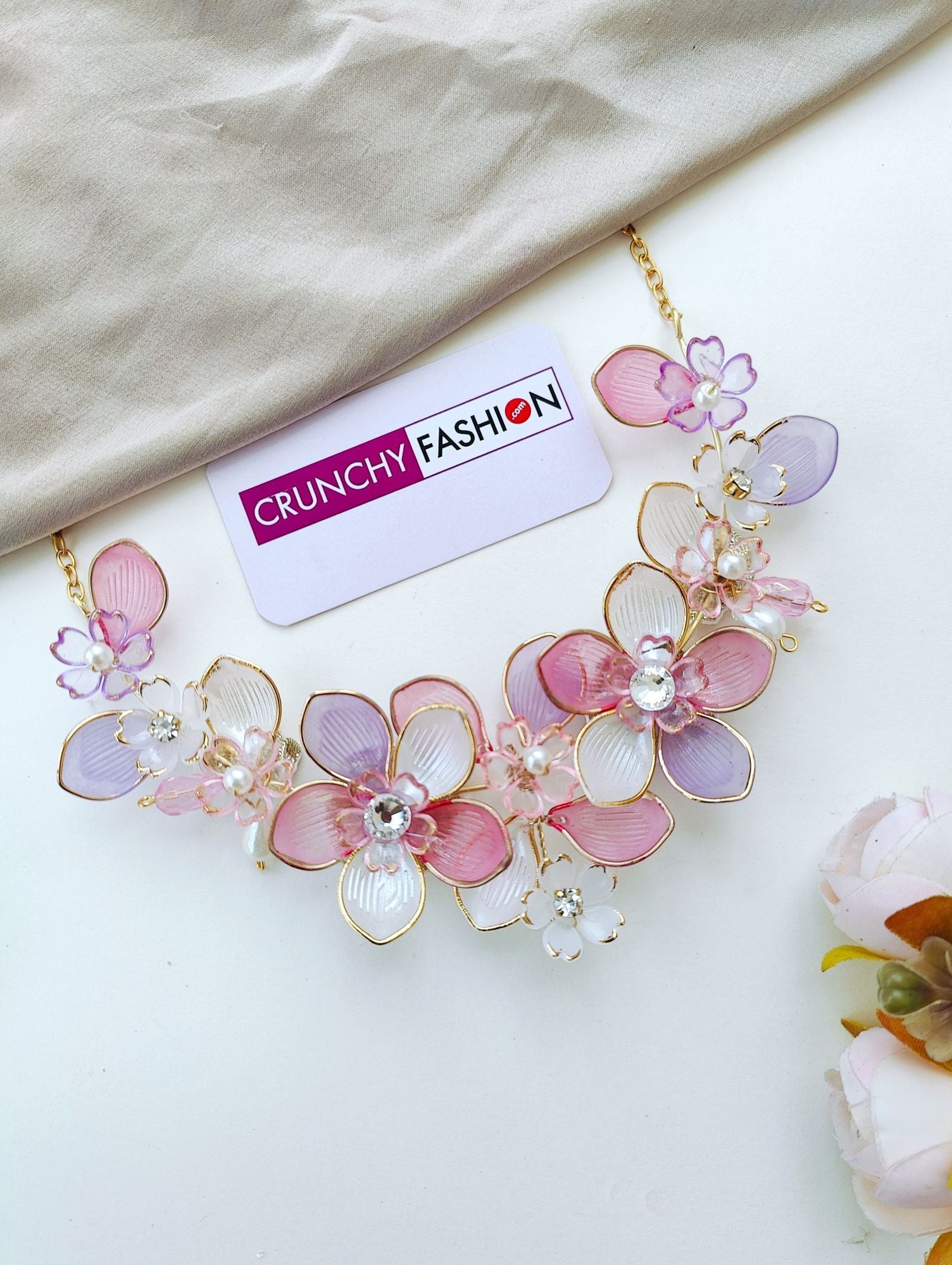Handmade Lavender-Pink floral acrylic jewellery set with gold plating, ideal for haldi and mehndi ceremonies at weddings