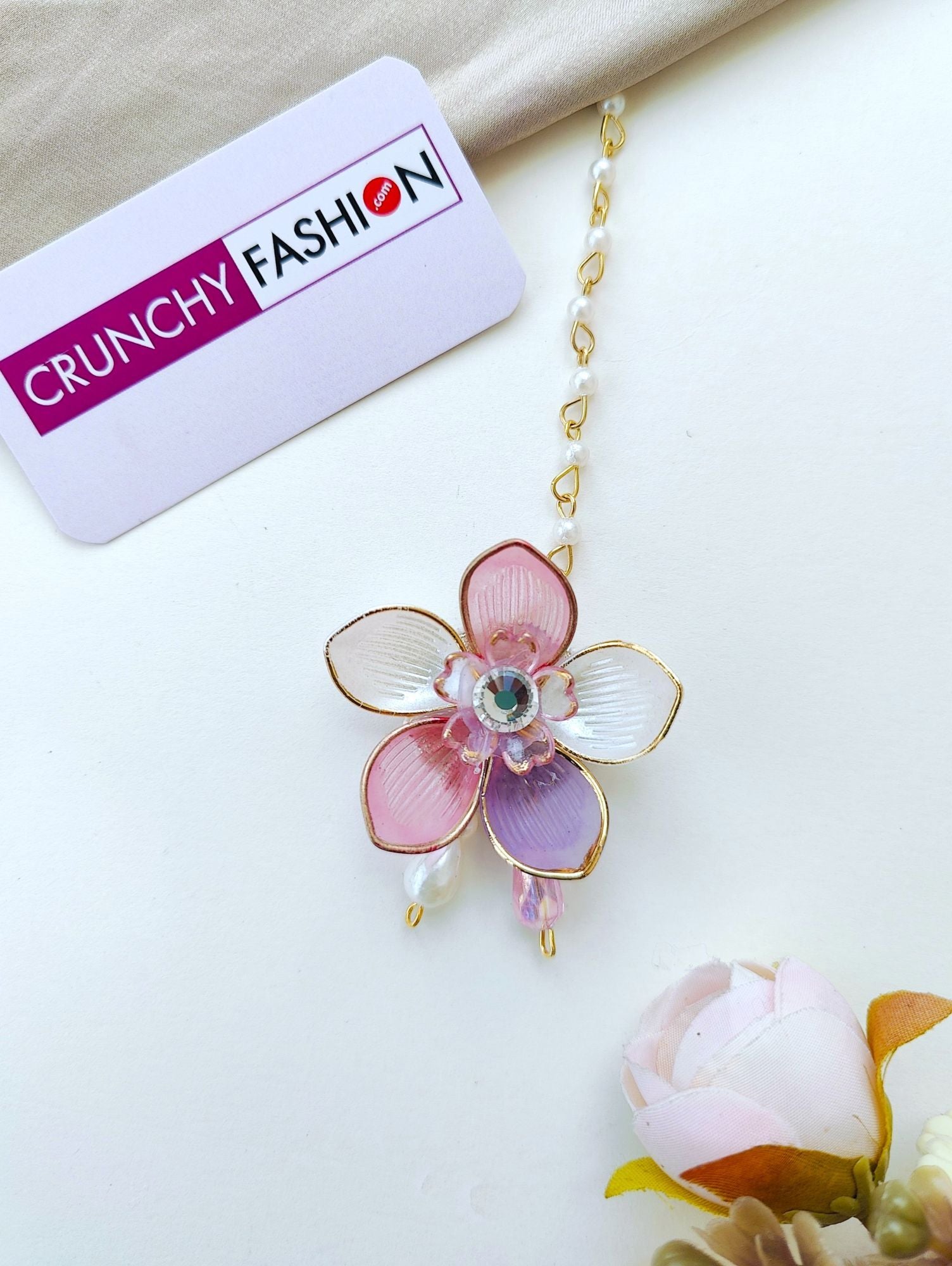 Handmade Lavender-Pink floral acrylic jewellery set with gold plating, ideal for haldi and mehndi ceremonies at weddings