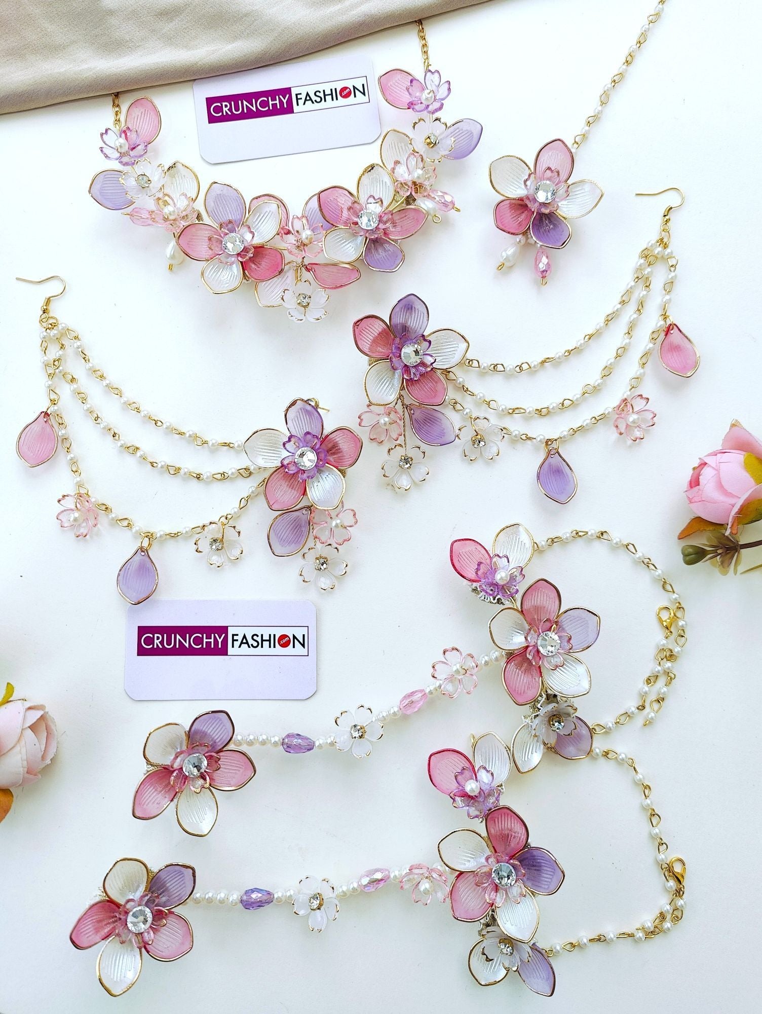 Handmade Lavender-Pink floral acrylic jewellery set with gold plating, ideal for haldi and mehndi ceremonies at weddings