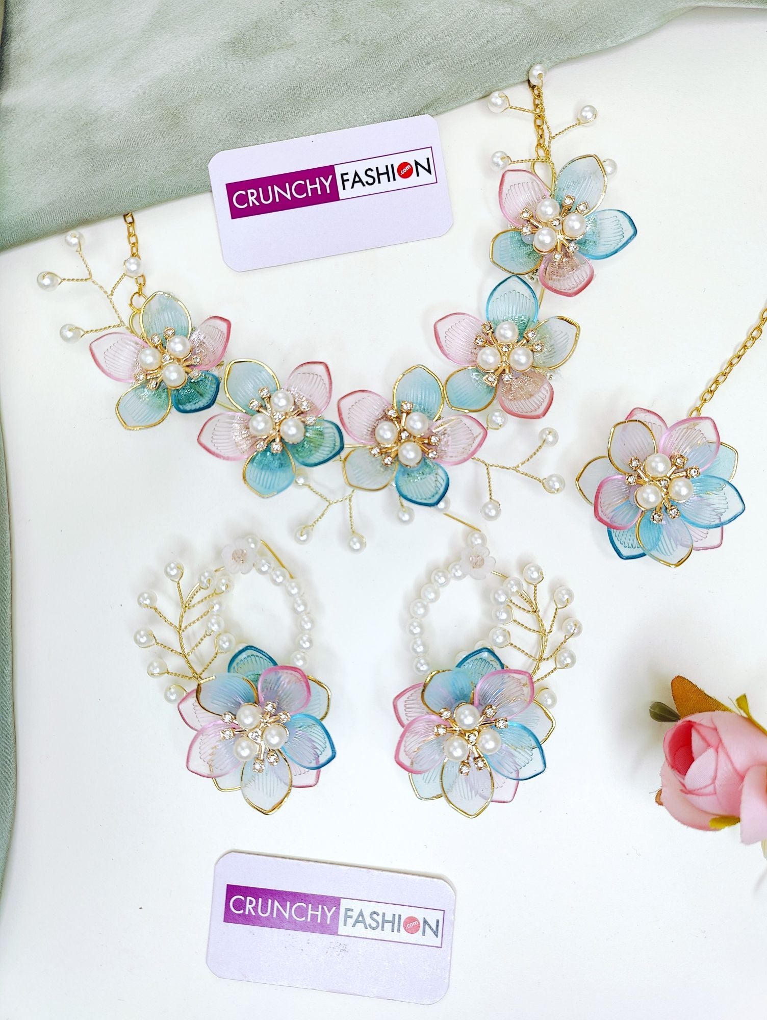Powder blue, floral-themed, handmade resin carnival bridal jewellery set for women, ideal for wedding, haldi and mehndi ceremony, 2025 collection