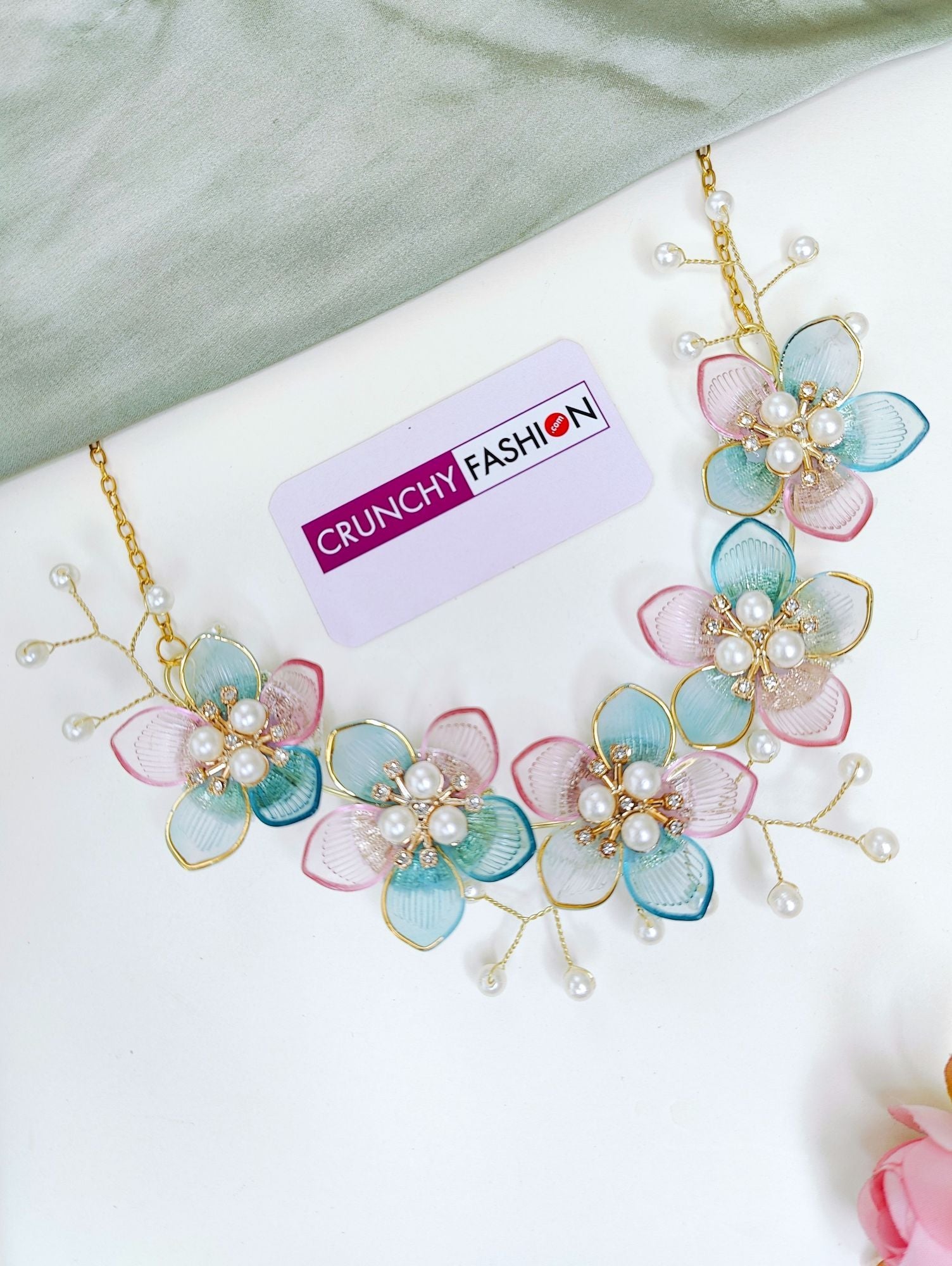 Powder blue, floral-themed, handmade resin carnival bridal jewellery set for women, ideal for wedding, haldi and mehndi ceremony, 2025 collection