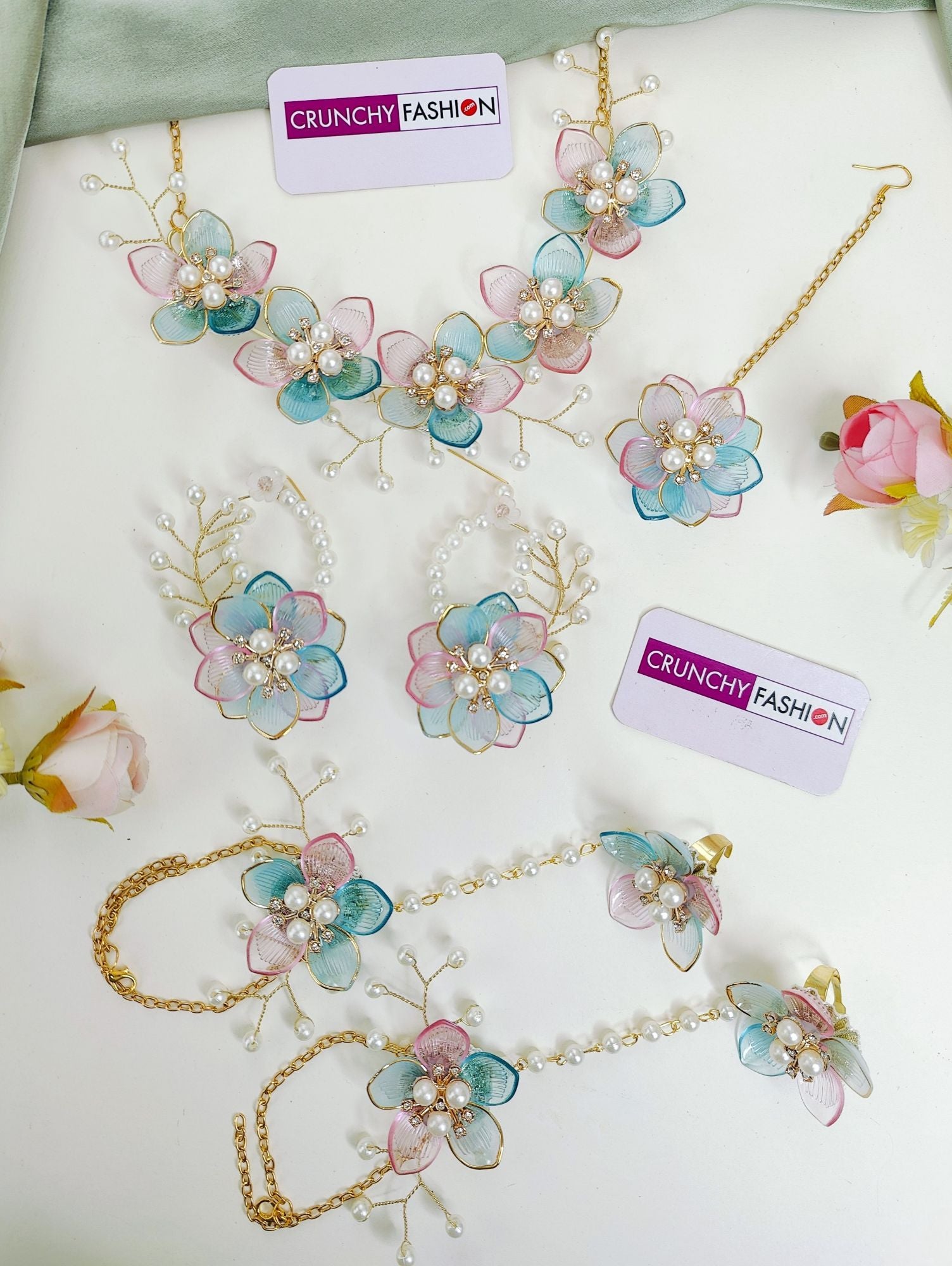 Powder blue, floral-themed, handmade resin carnival bridal jewellery set for women, ideal for wedding, haldi and mehndi ceremony, 2025 collection