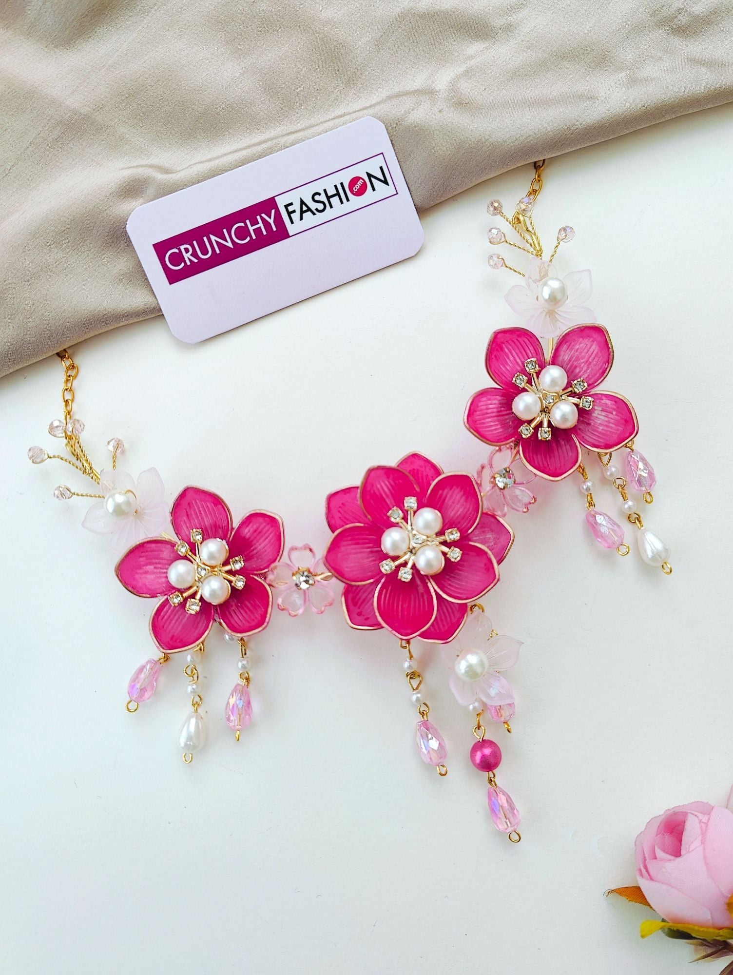 Handmade pink floral bridal jewellery set, ideal for haldi and mehndi ceremonies, featuring acrylic flowers and gold plating