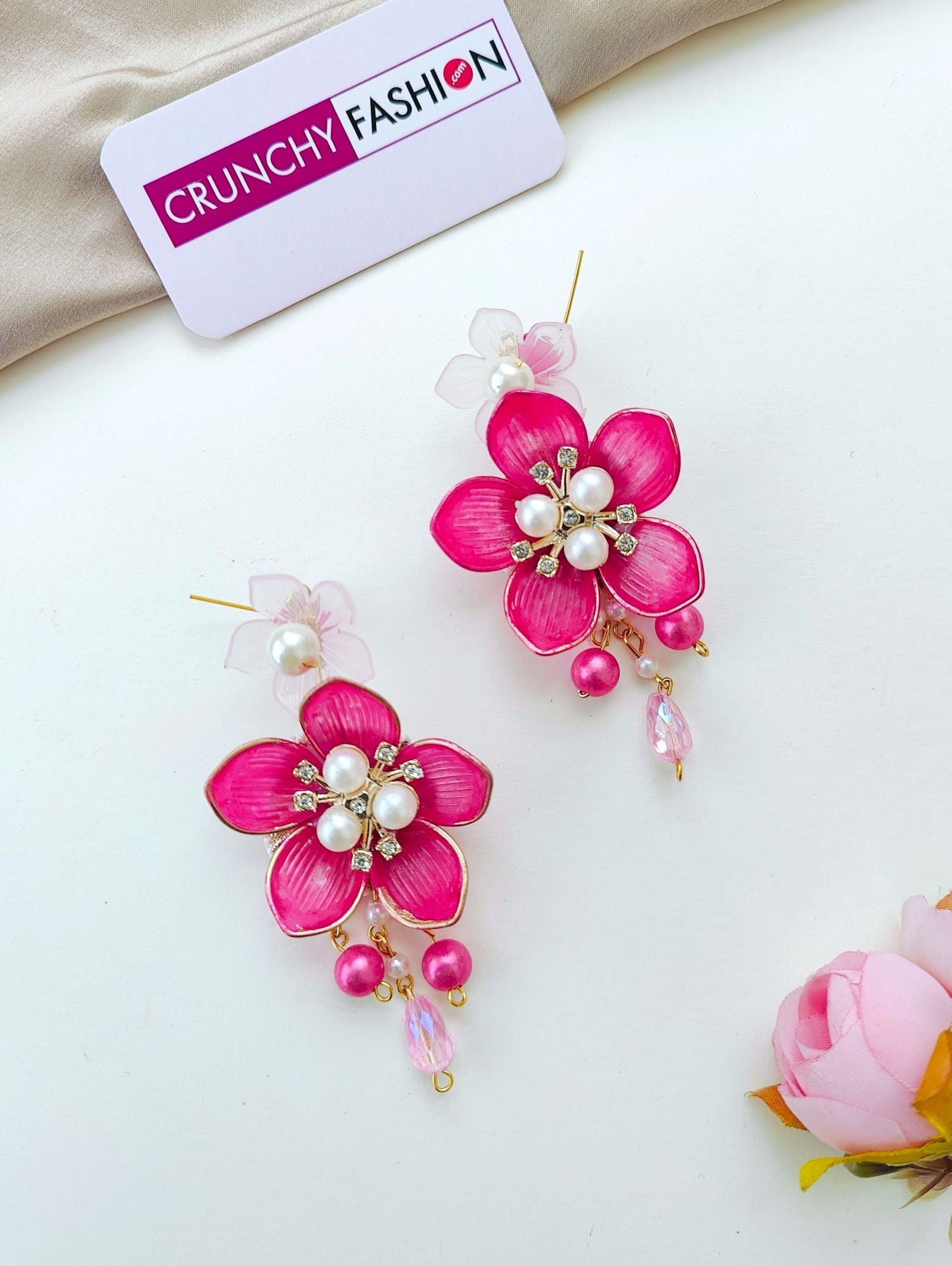 Handmade pink floral bridal jewellery set, ideal for haldi and mehndi ceremonies, featuring acrylic flowers and gold plating