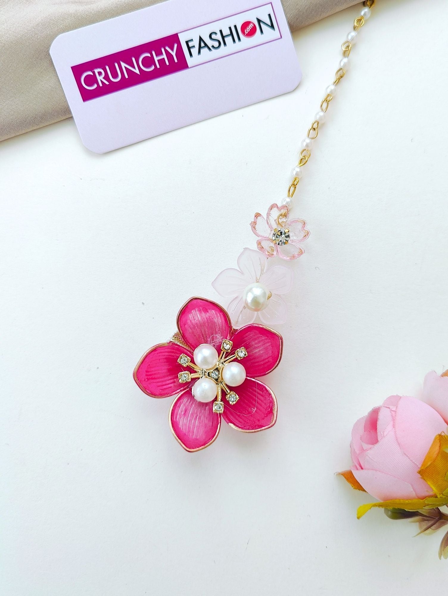 Handmade pink floral bridal jewellery set, ideal for haldi and mehndi ceremonies, featuring acrylic flowers and gold plating