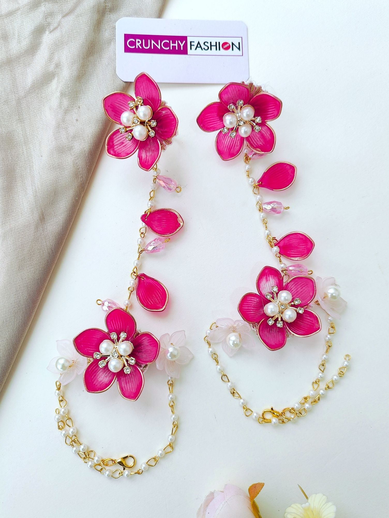 Handmade pink floral bridal jewellery set, ideal for haldi and mehndi ceremonies, featuring acrylic flowers and gold plating