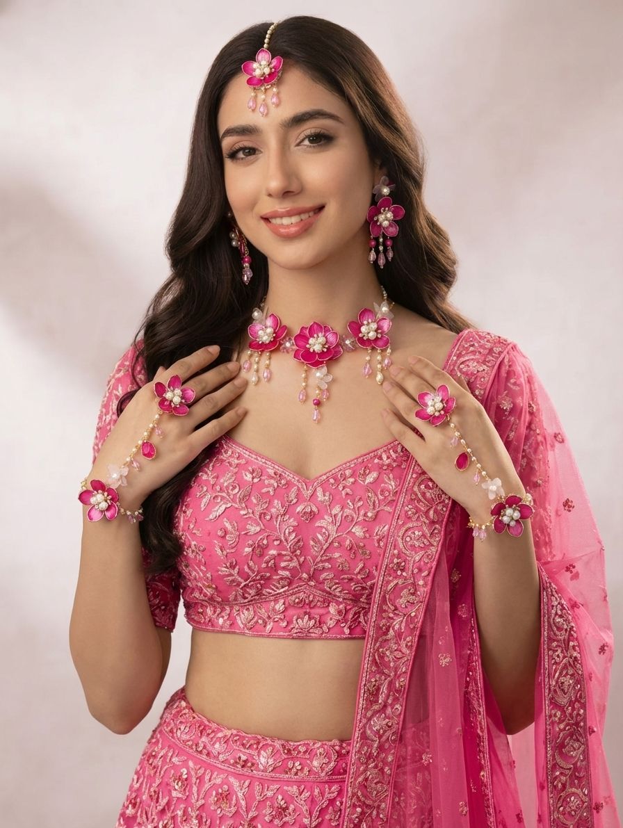 Pink Acrylic Floral Jewellery Set for Haldi-Mehndi
