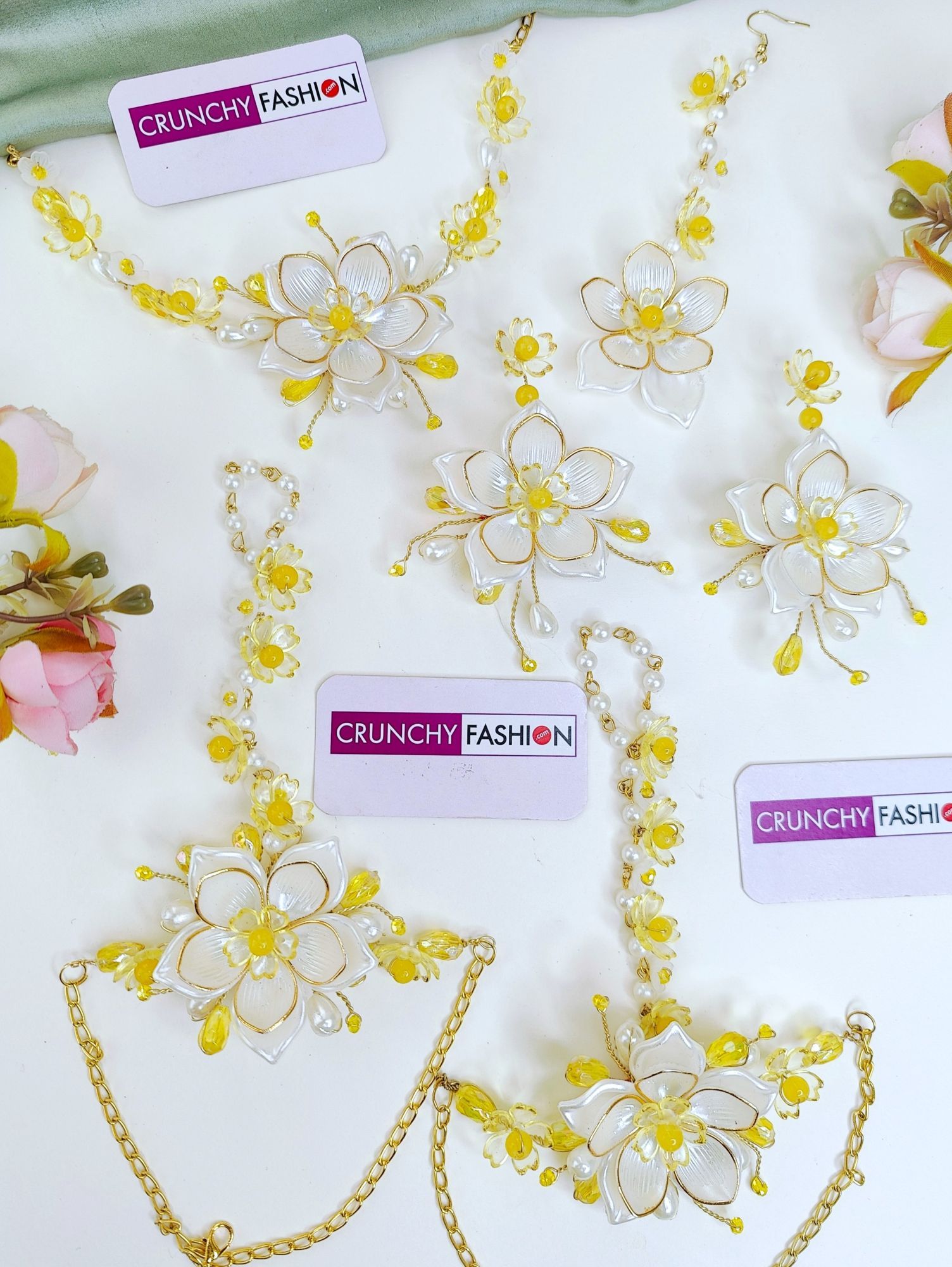 Handmade White-Yellow Floral Jewelry for Haldi-Mehndi Carnivals