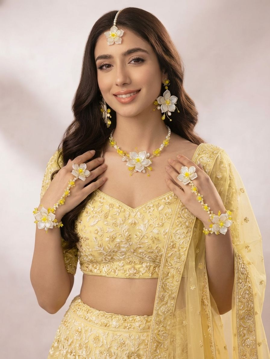 Handmade White-Yellow Floral Jewelry for Haldi-Mehndi Carnivals