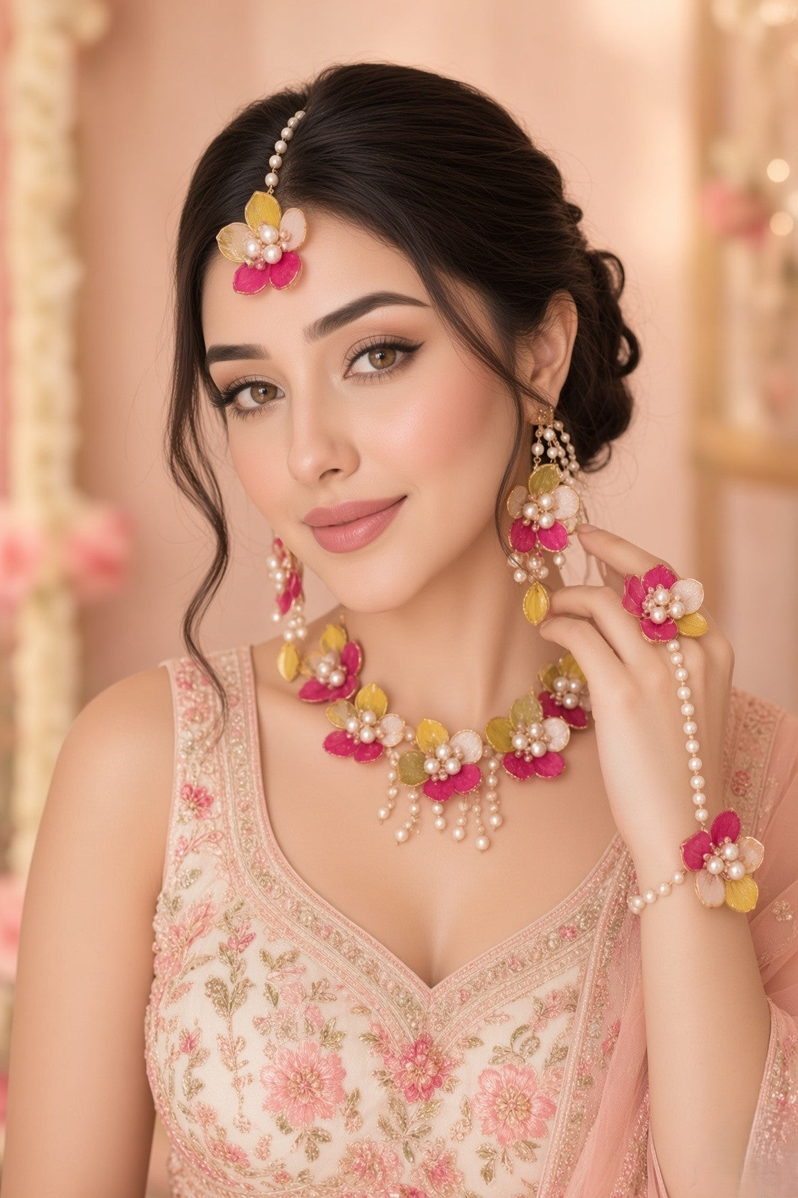 Powder blue floral resin jewellery set, handmade for brides, perfect for haldi or mehandi ceremonies