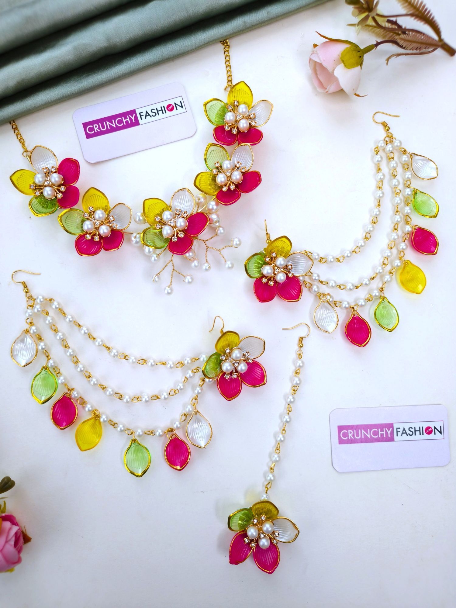 Multicolor Floral Seashell Haldi Bridal Jewelry Set