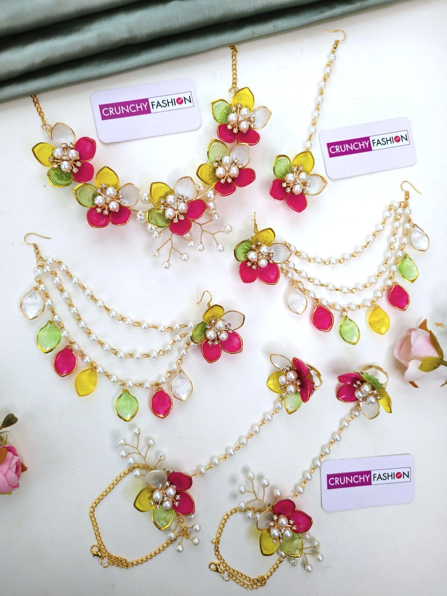Multicolor Floral Seashell Haldi Bridal Jewelry Set