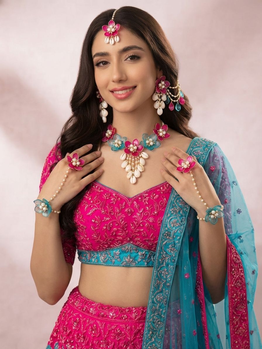 Sky-Blue & Pink Floral Carnival Bridal Jewelry Set