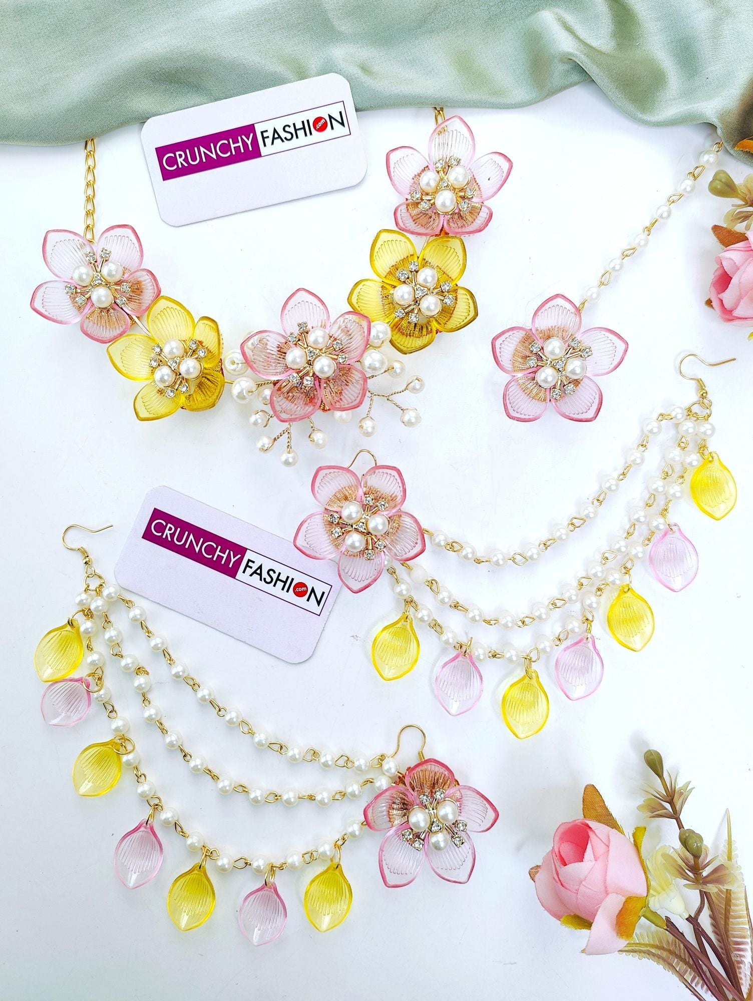 Yellow-Baby Pink Floral & Sea Shell jewellery set for haldi-Mehndi, handmade Acrylic Carnival Jewellery set for Brides