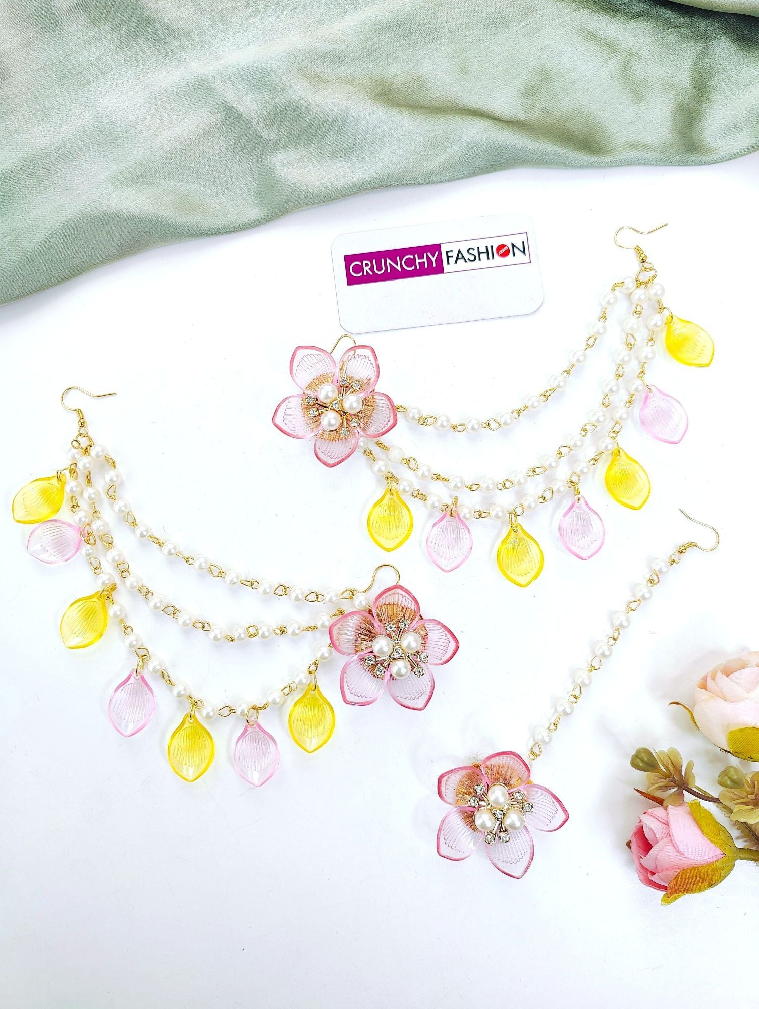 Yellow-Baby Pink Floral & Sea Shell jewellery set for haldi-Mehndi, handmade Acrylic Carnival Jewellery set for Brides