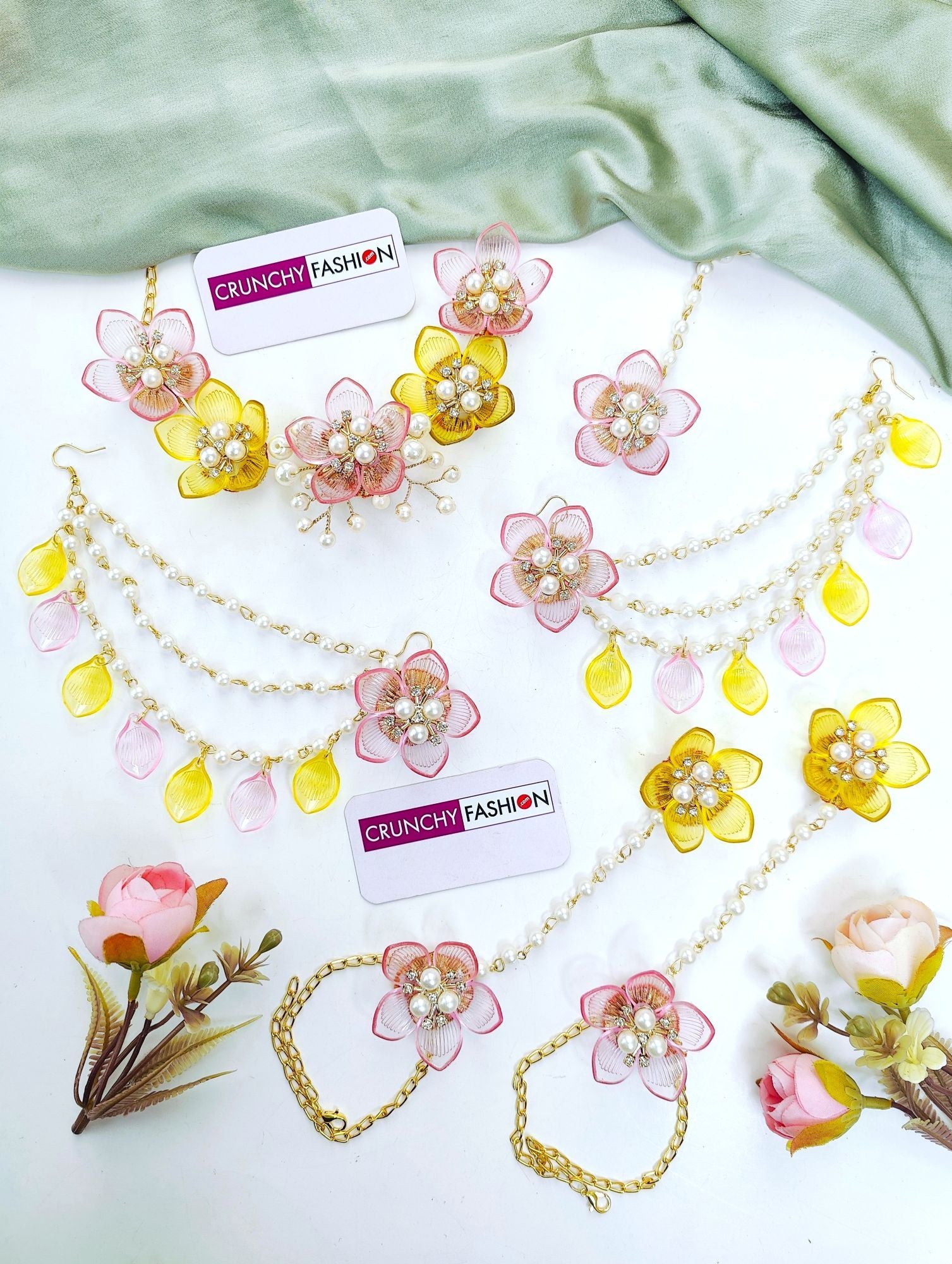 Yellow-Baby Pink Floral & Sea Shell jewellery set for haldi-Mehndi, handmade Acrylic Carnival Jewellery set for Brides
