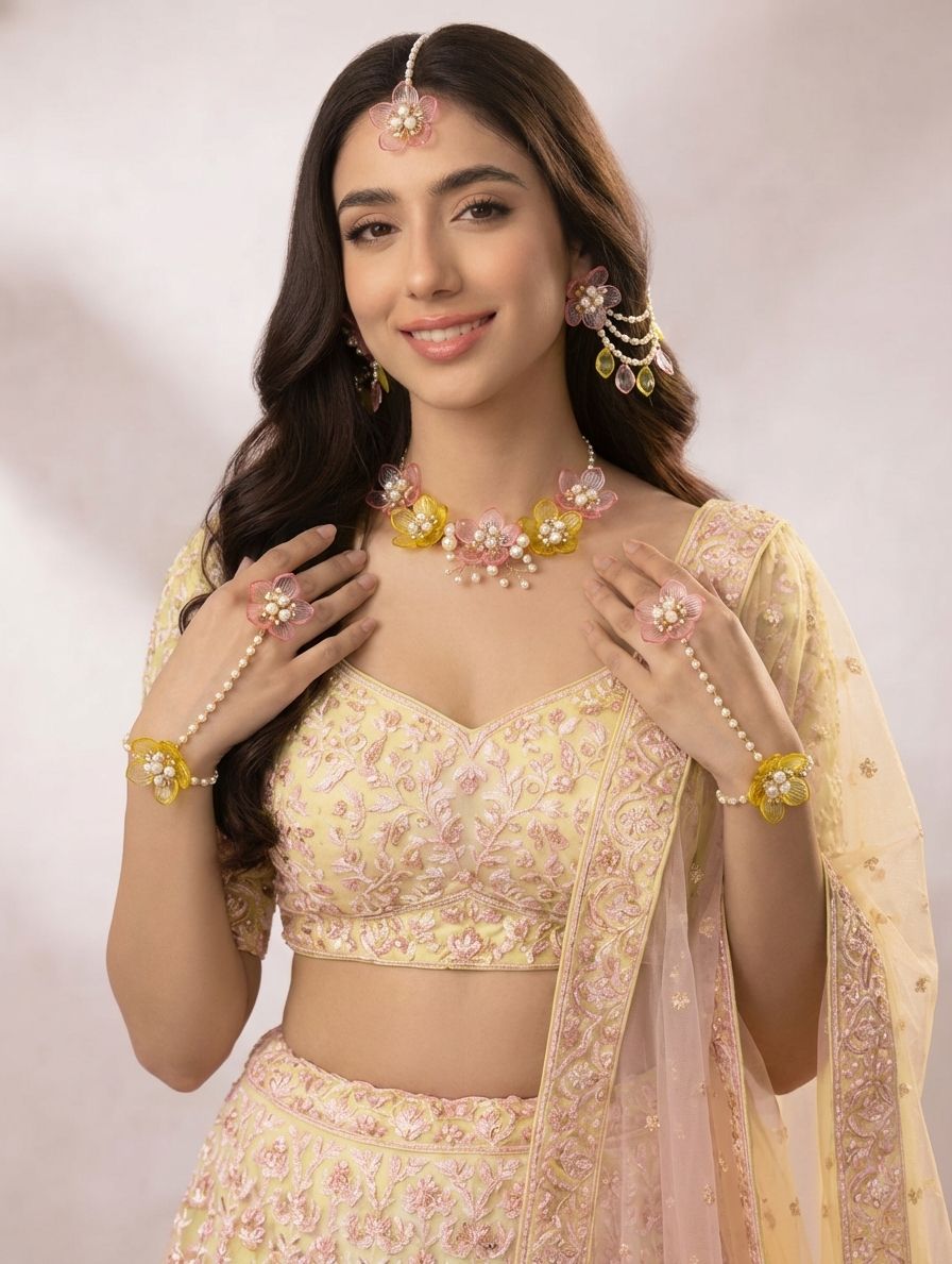 Yellow & Baby Pink Floral Acrylic Carnival Bridal Jewelry Set