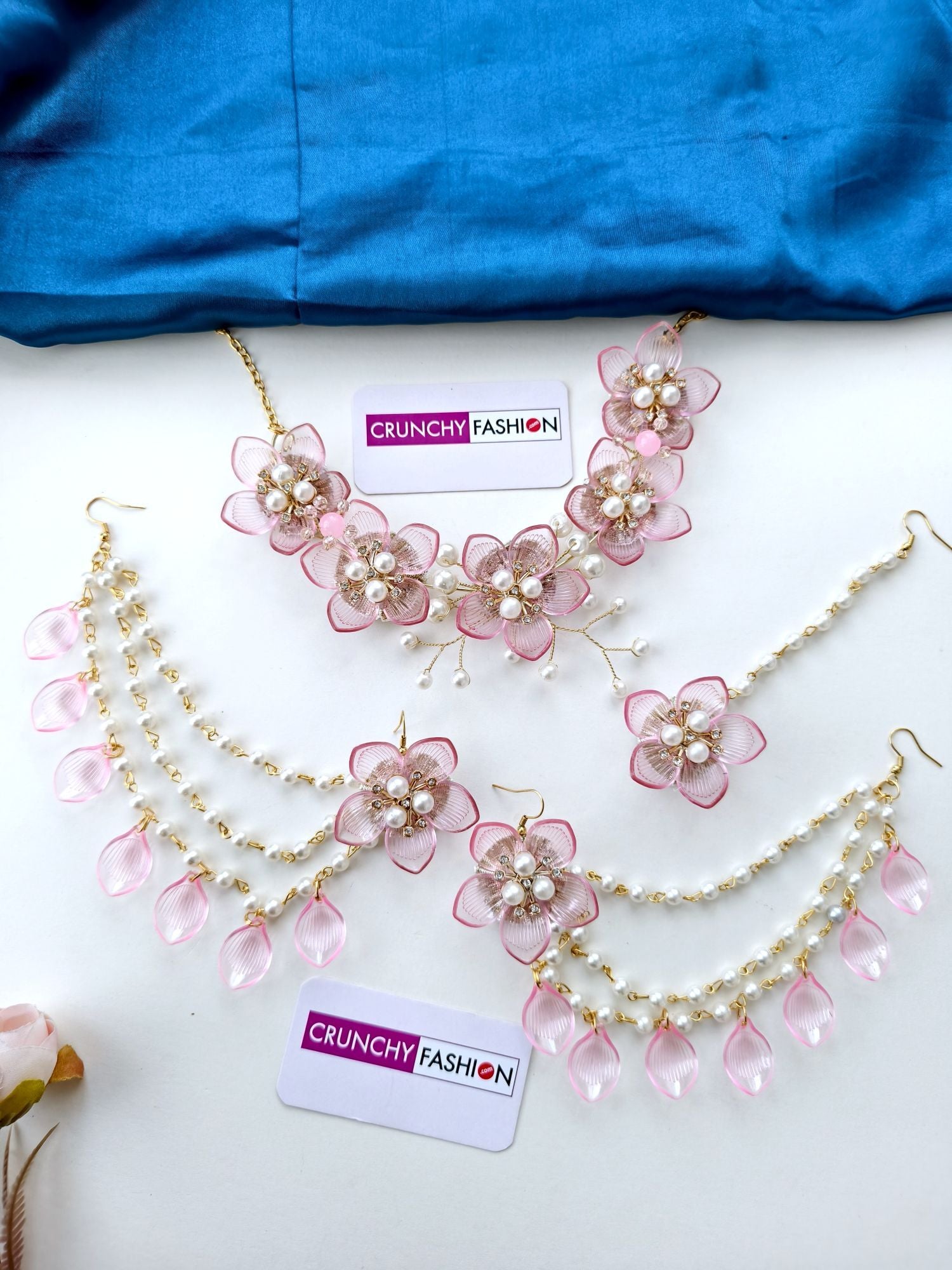 Light Pink, Gold-Plated, Acrylic Carnival Bridal Jewellery set with Floral & Sea Shell design ideal for Haldi-Mehndi events