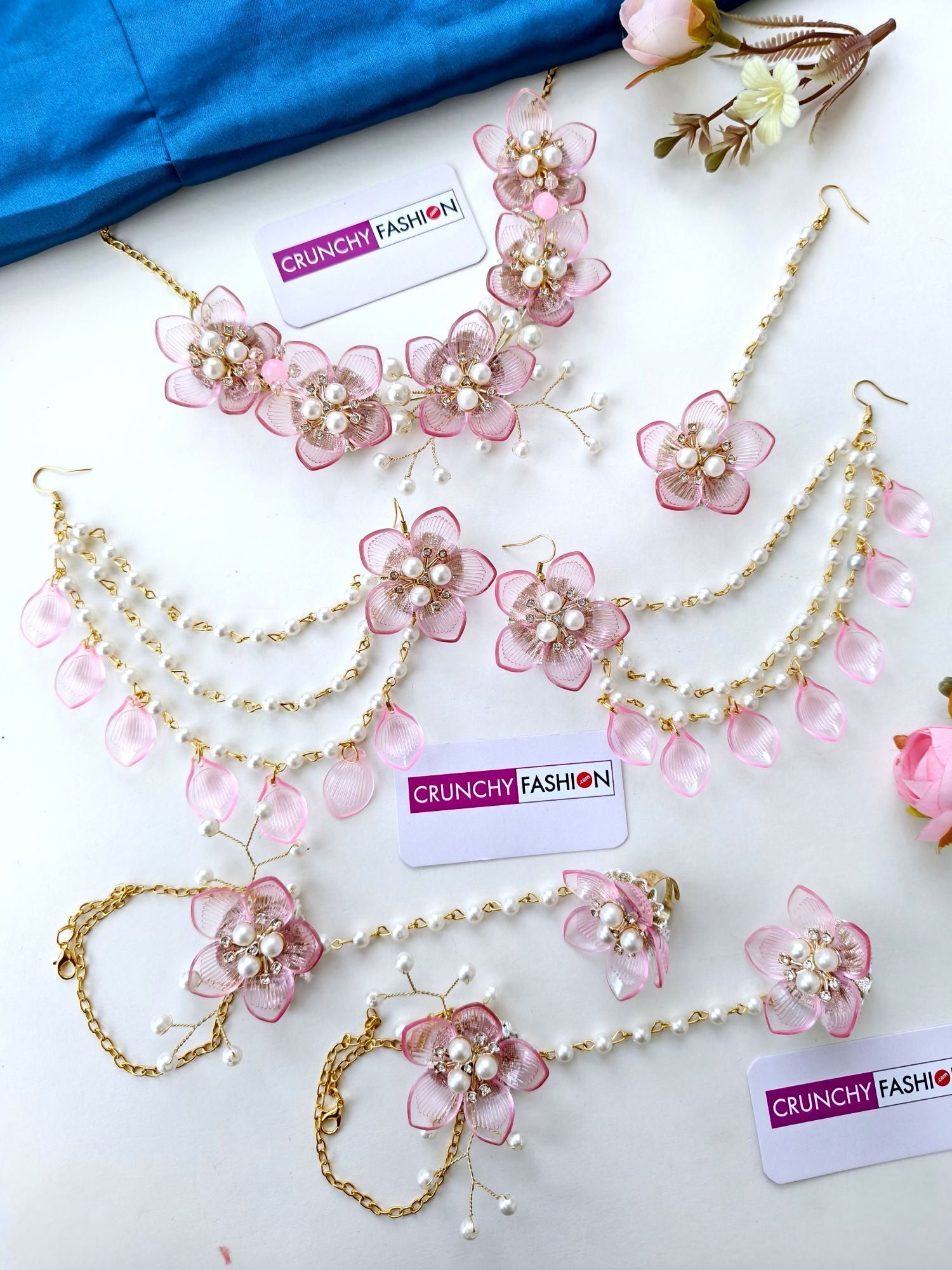 Light Pink, Gold-Plated, Acrylic Carnival Bridal Jewellery set with Floral & Sea Shell design ideal for Haldi-Mehndi events