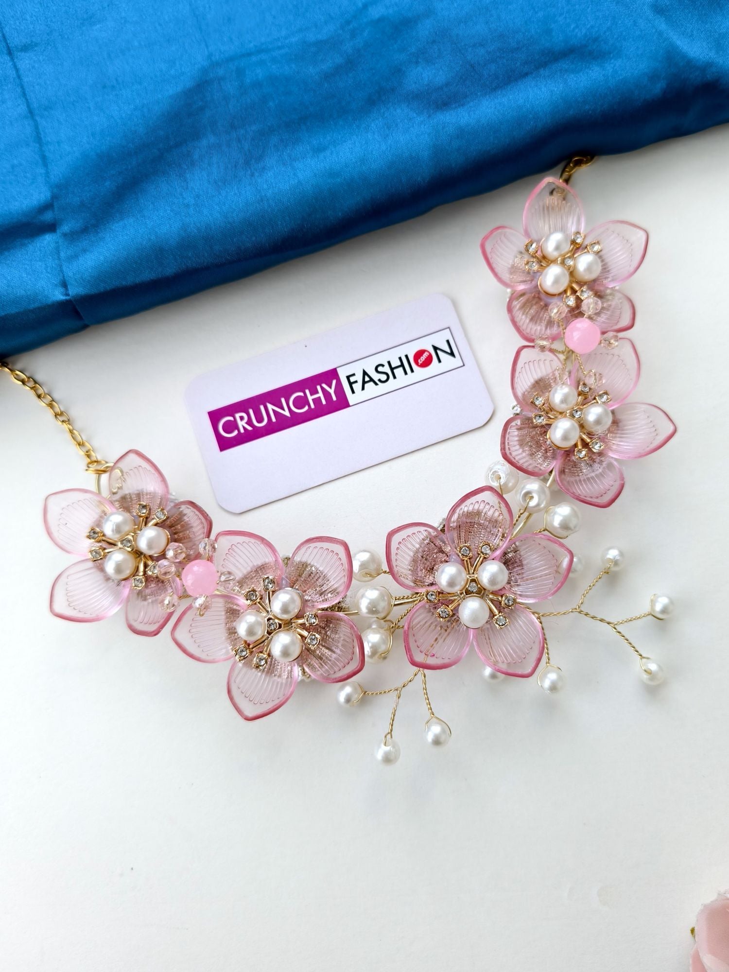 Light Pink, Gold-Plated, Acrylic Carnival Bridal Jewellery set with Floral & Sea Shell design ideal for Haldi-Mehndi events
