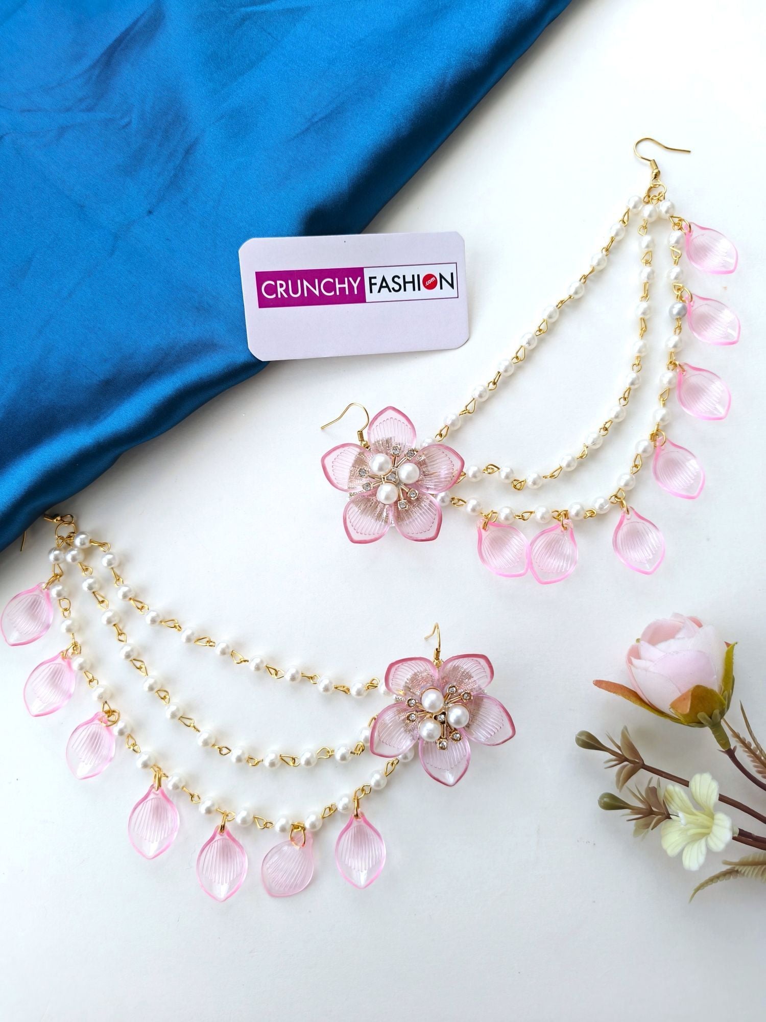 Light Pink, Gold-Plated, Acrylic Carnival Bridal Jewellery set with Floral & Sea Shell design ideal for Haldi-Mehndi events