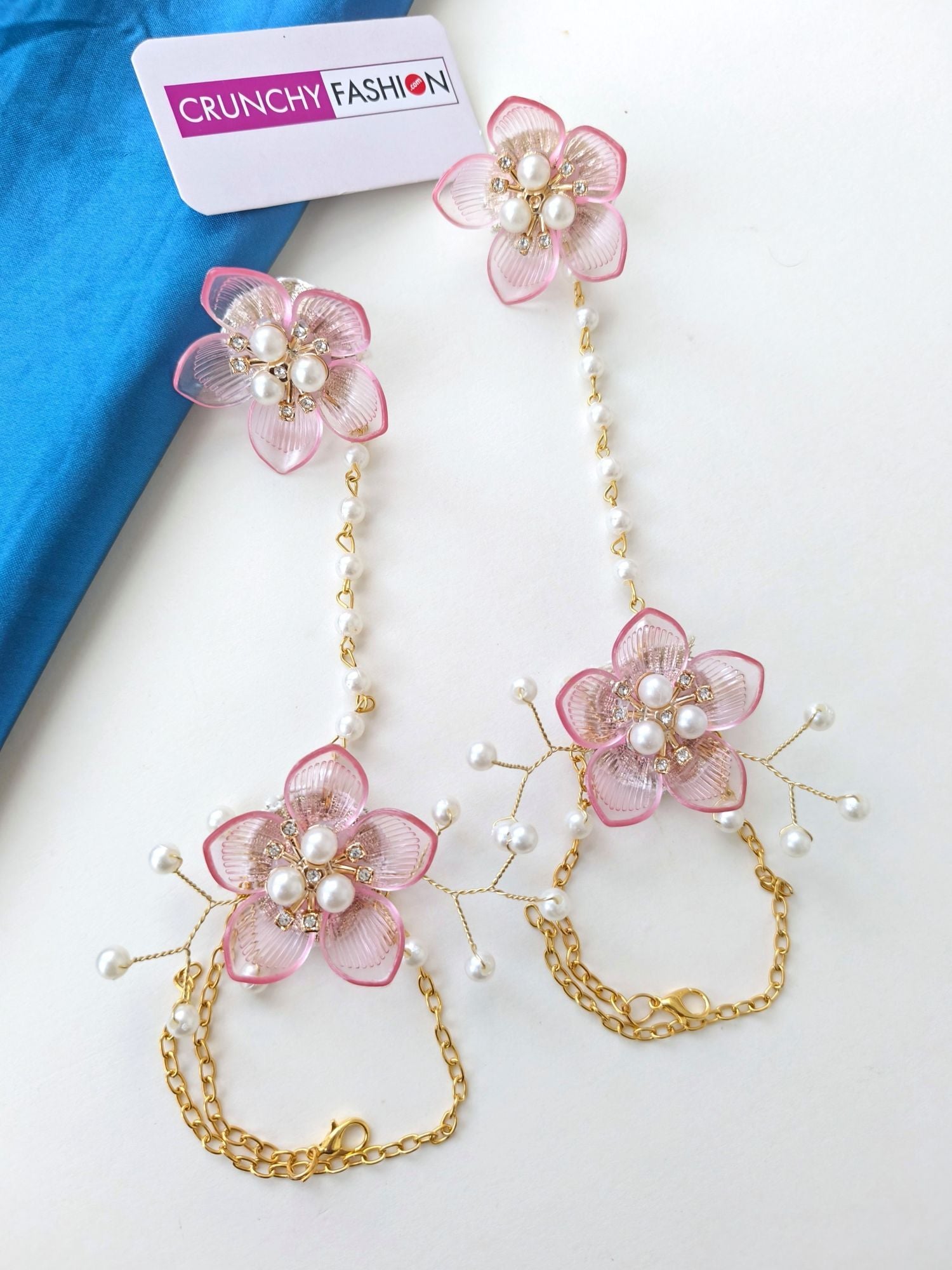 Light Pink, Gold-Plated, Acrylic Carnival Bridal Jewellery set with Floral & Sea Shell design ideal for Haldi-Mehndi events