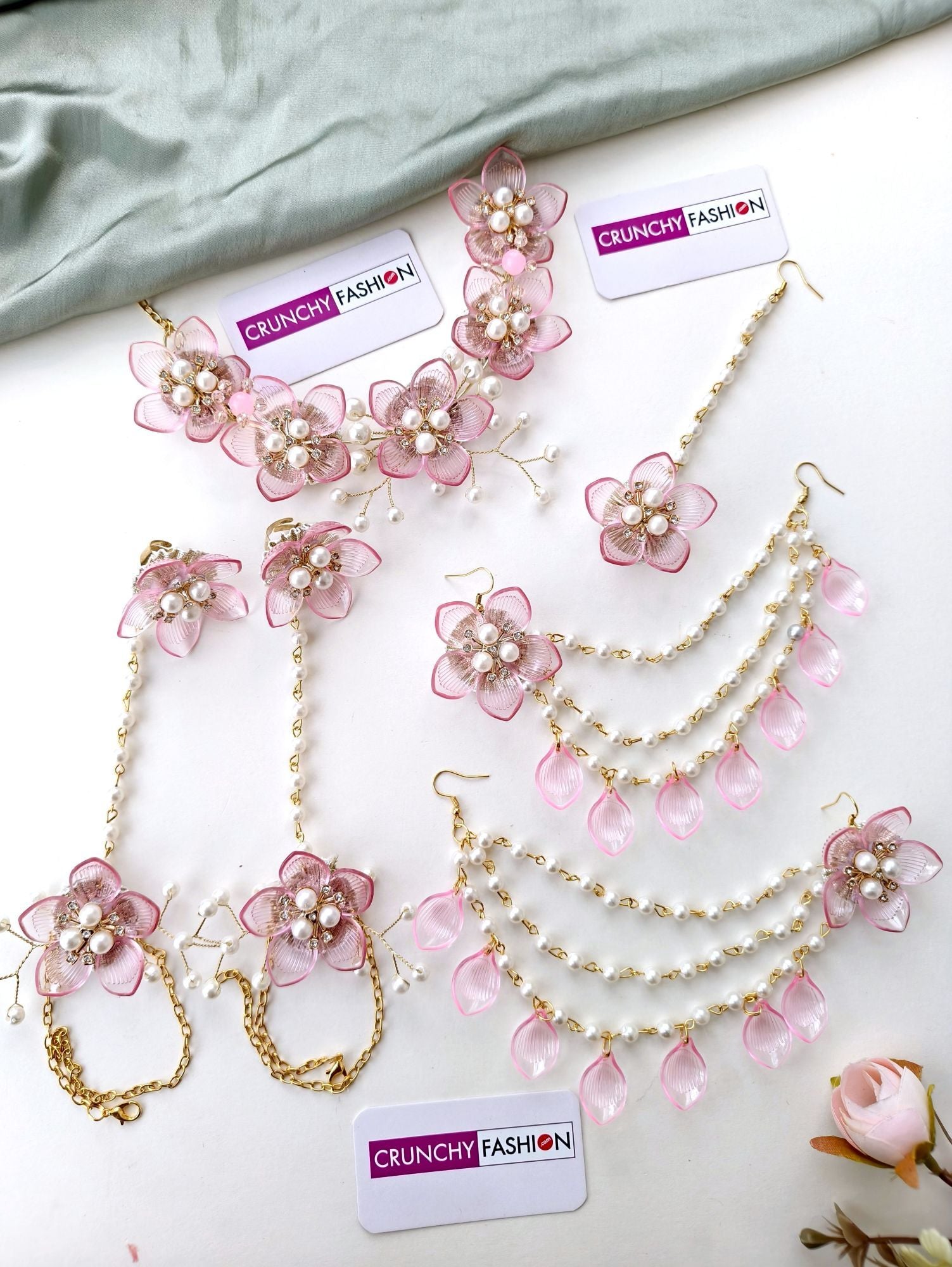 Light Pink, Gold-Plated, Acrylic Carnival Bridal Jewellery set with Floral & Sea Shell design ideal for Haldi-Mehndi events