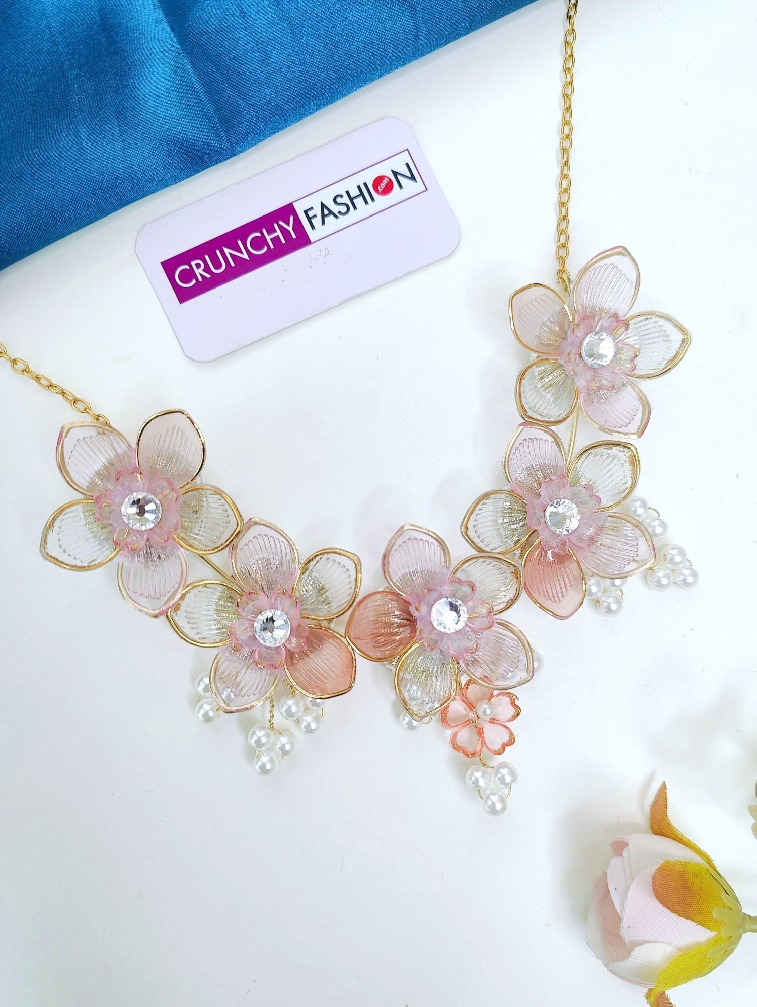 Baby Pink-Peach Floral Hues & SeaShell Bridal Jewelry Set