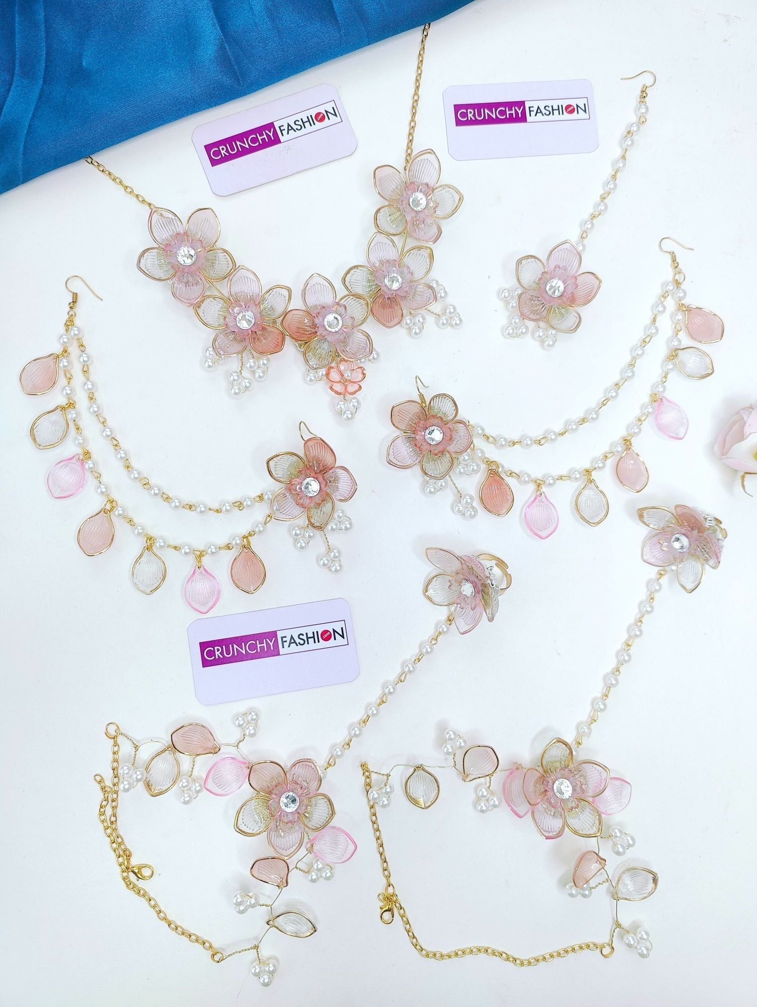 Baby Pink-Peach Floral Hues & SeaShell Bridal Jewelry Set