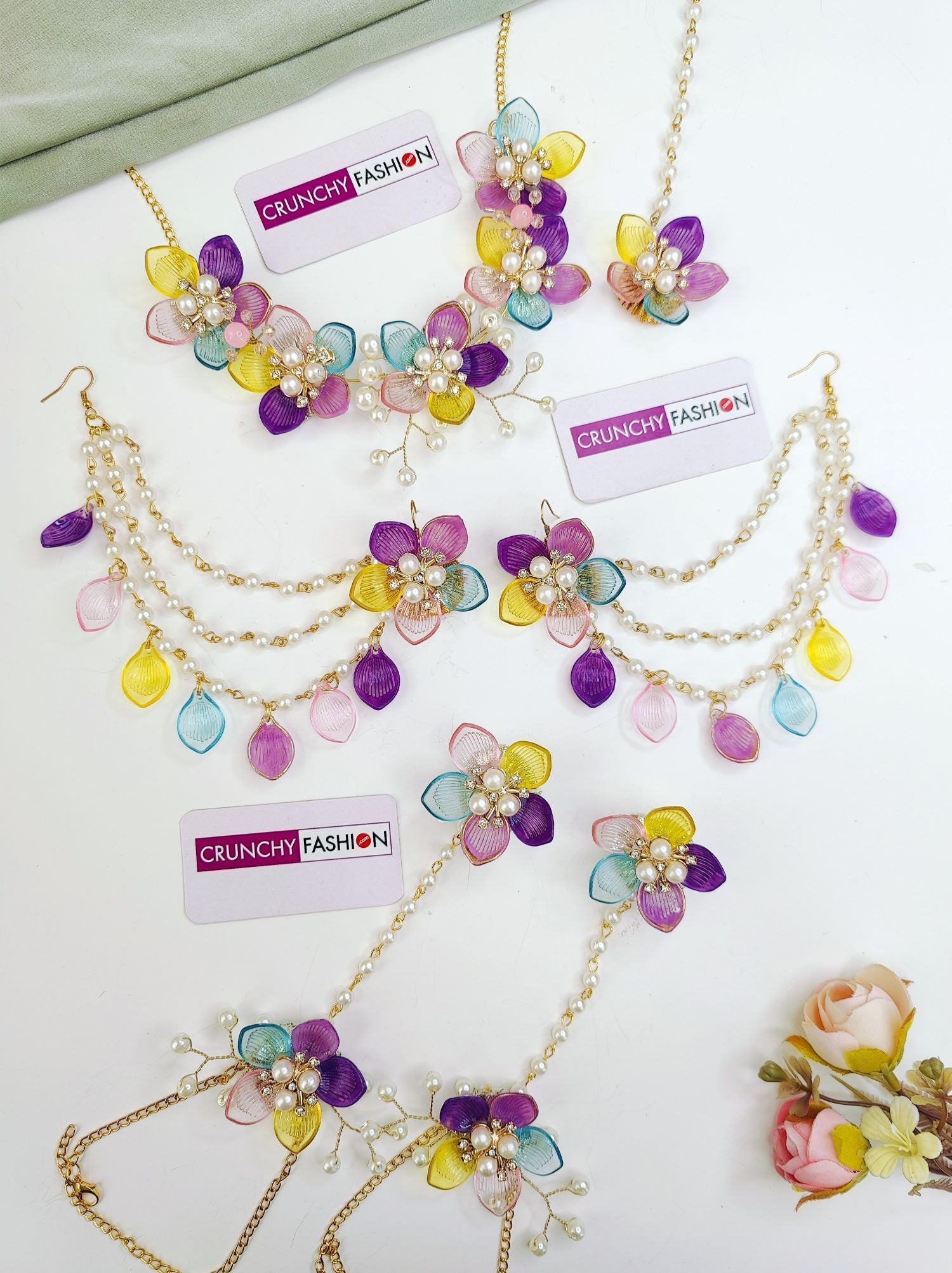 Yellow Lavender Sky Blue Floral & Sea Shell Bridal Haldi Jewellery Set Handmade