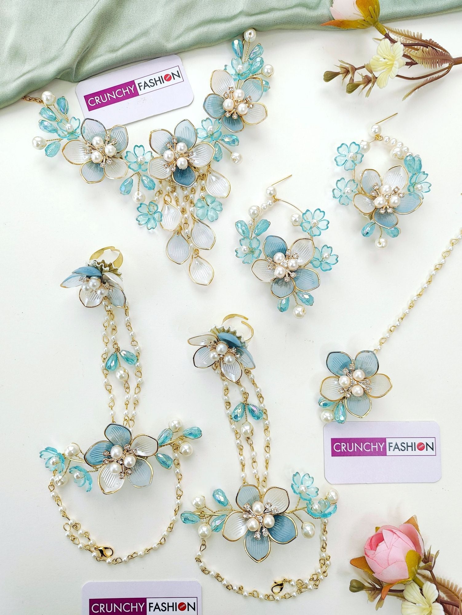 Powder Blue Floral Haldi-Mehndi Acrylic Bridal Jewellery Set