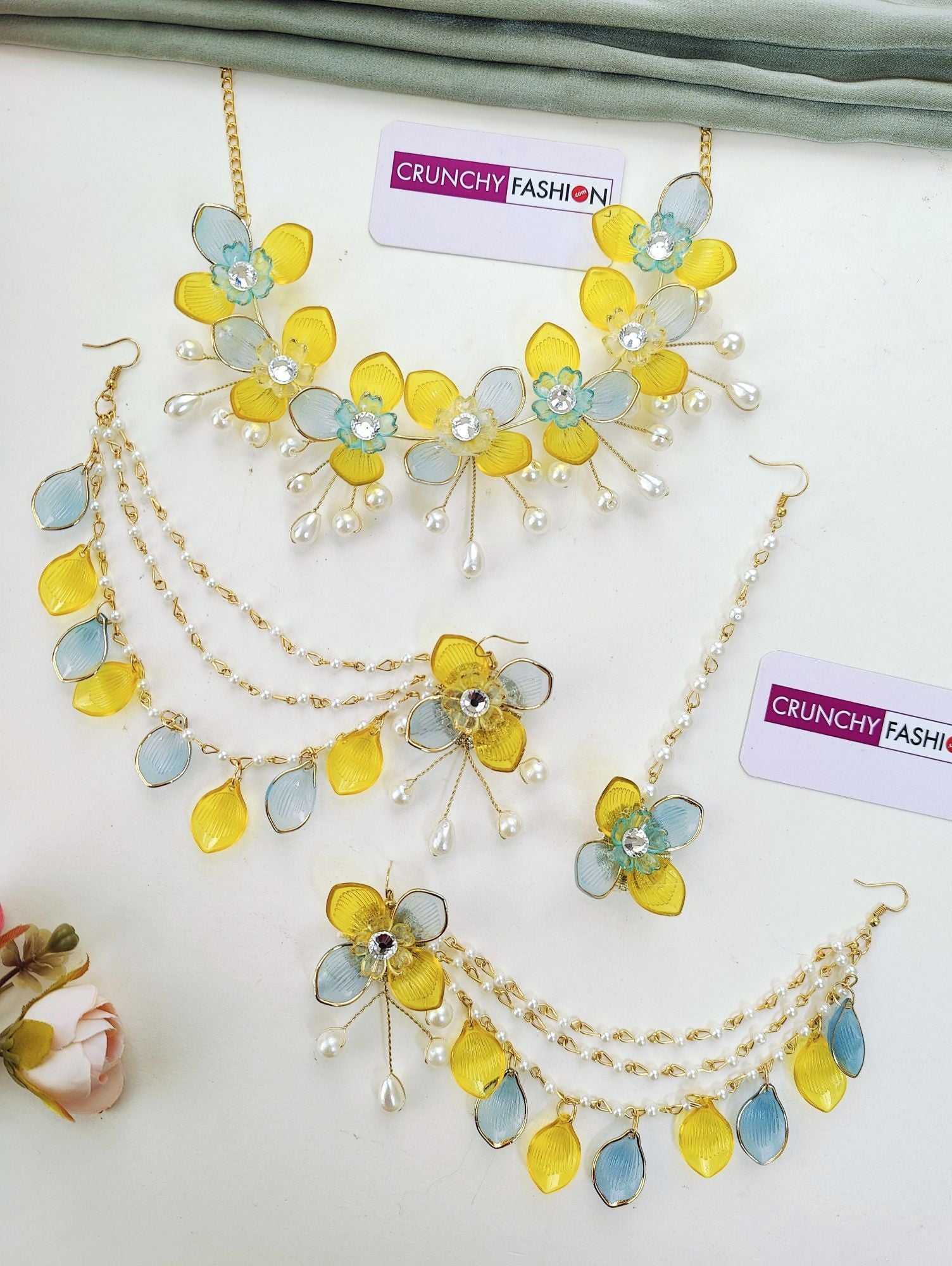 Sunshine Blooms: Yellow and Sky-Blue Floral Acrylic Bridal Jewellery Set, Handcrafted for Haldi-Mehndi Celebrations