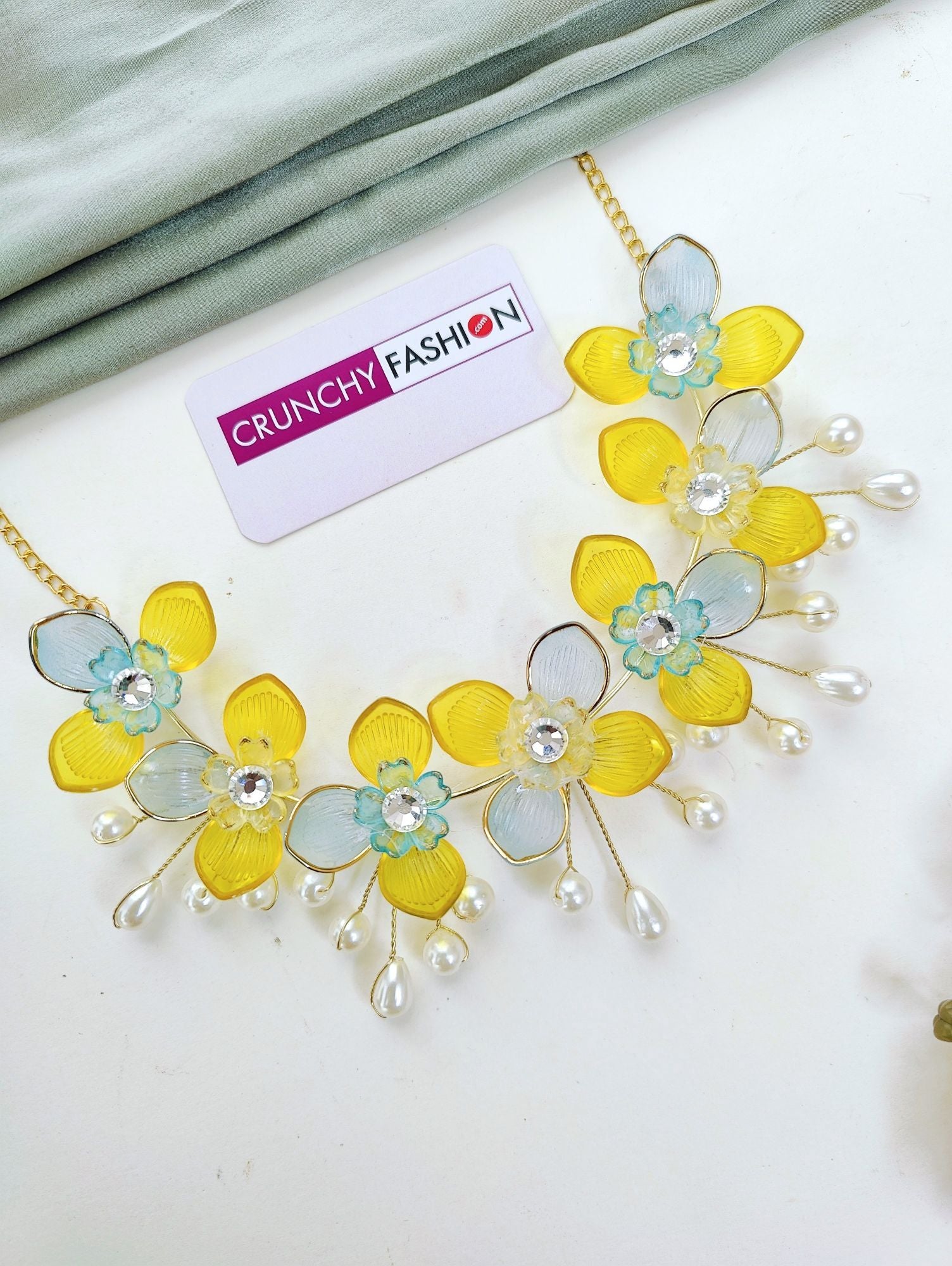 Sunshine Blooms: Yellow and Sky-Blue Floral Acrylic Bridal Jewellery Set, Handcrafted for Haldi-Mehndi Celebrations