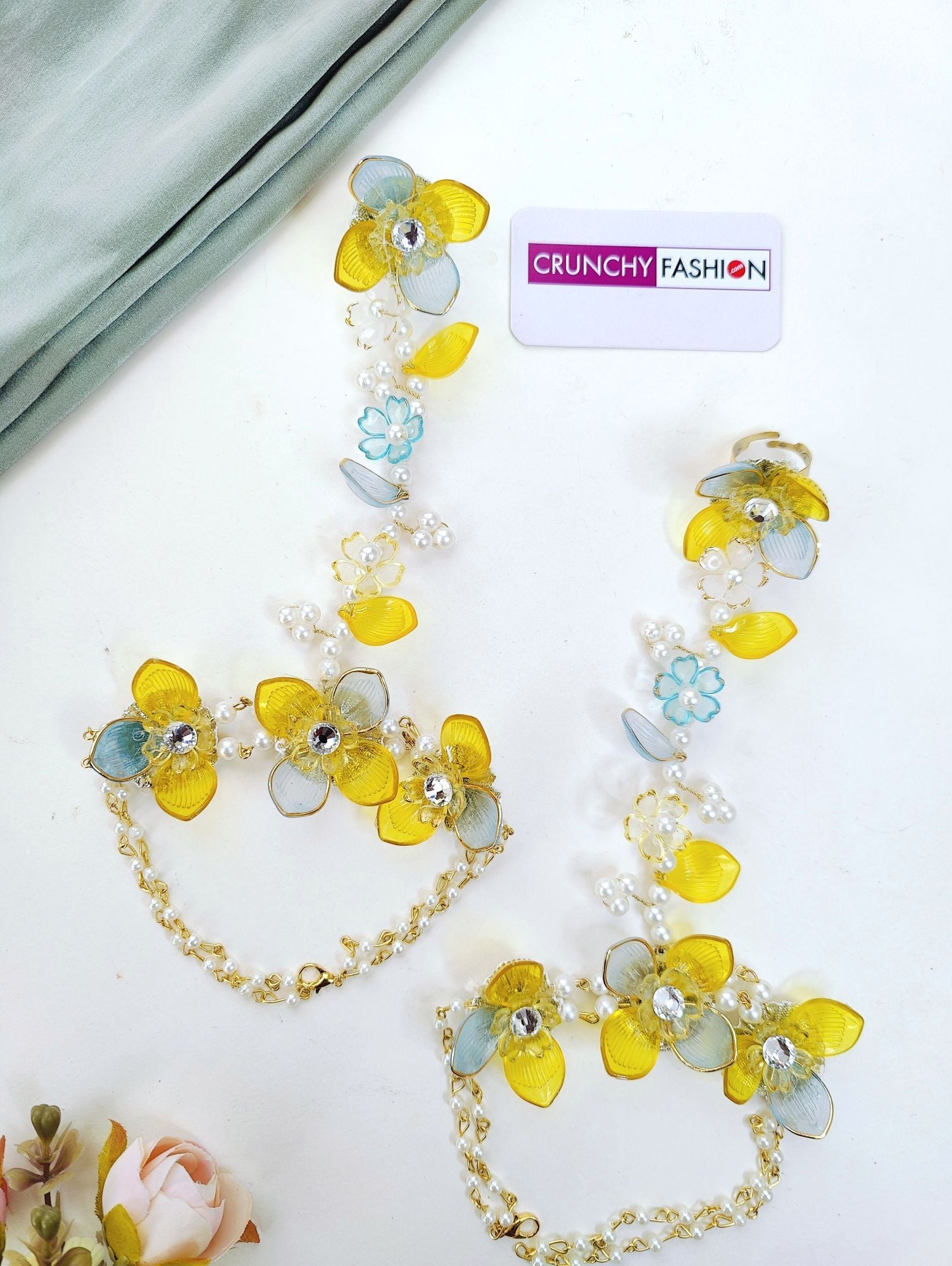 Sunshine Blooms: Yellow and Sky-Blue Floral Acrylic Bridal Jewellery Set, Handcrafted for Haldi-Mehndi Celebrations