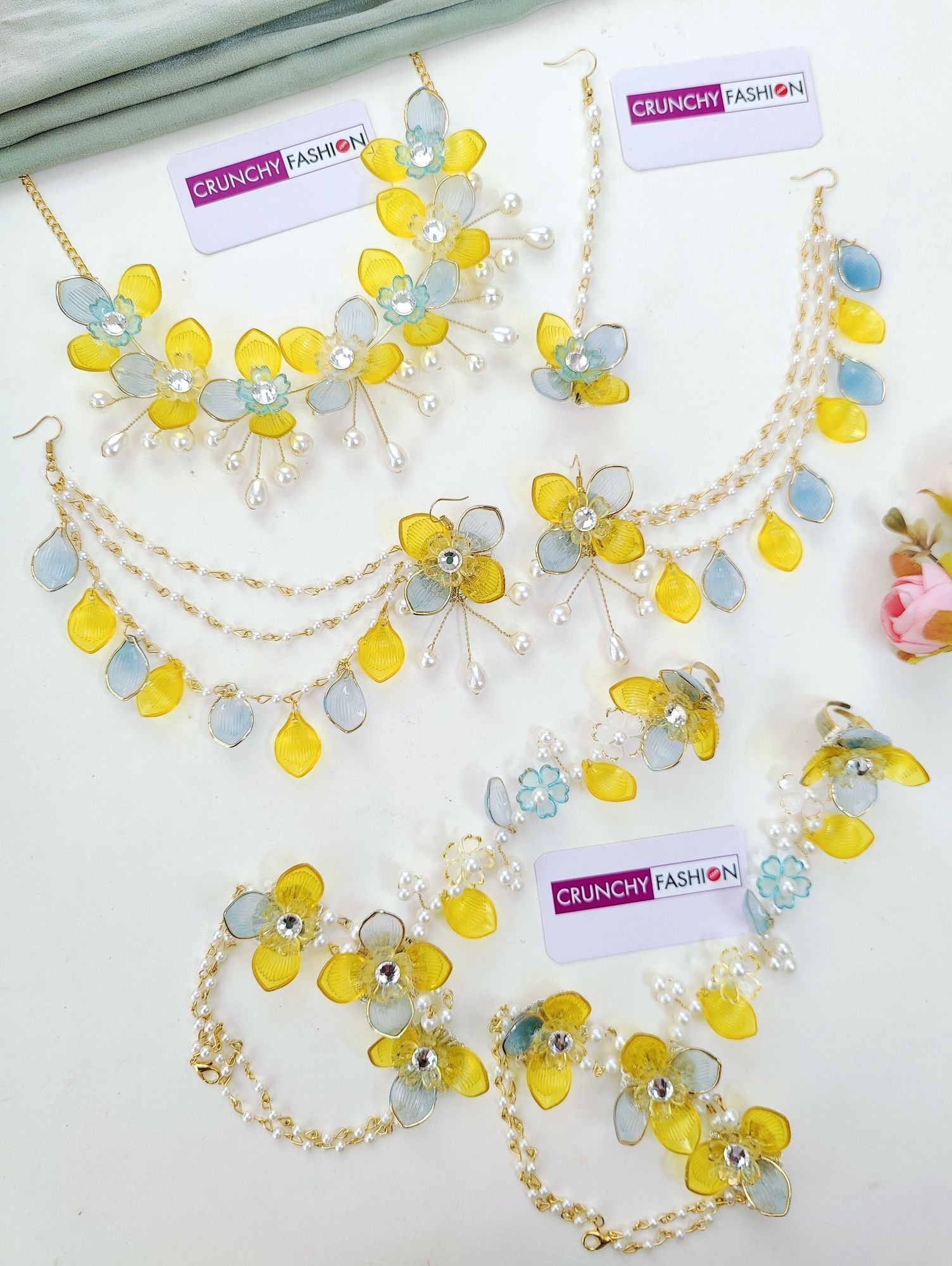 Sunshine Blooms: Yellow and Sky-Blue Floral Acrylic Bridal Jewellery Set, Handcrafted for Haldi-Mehndi Celebrations