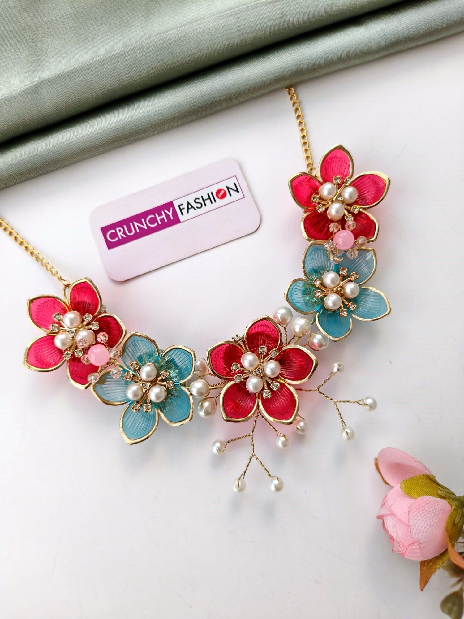 Acrylic floral haldi jewellery set in blue pink aqua with earrings