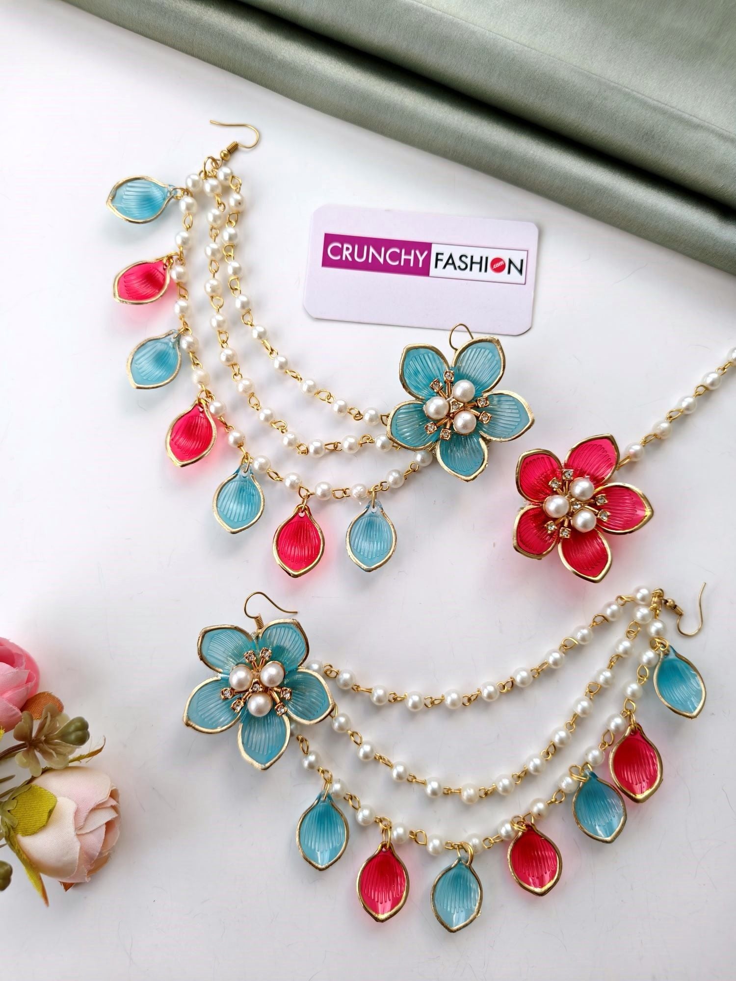 Acrylic floral haldi jewellery set in blue pink aqua with earrings
