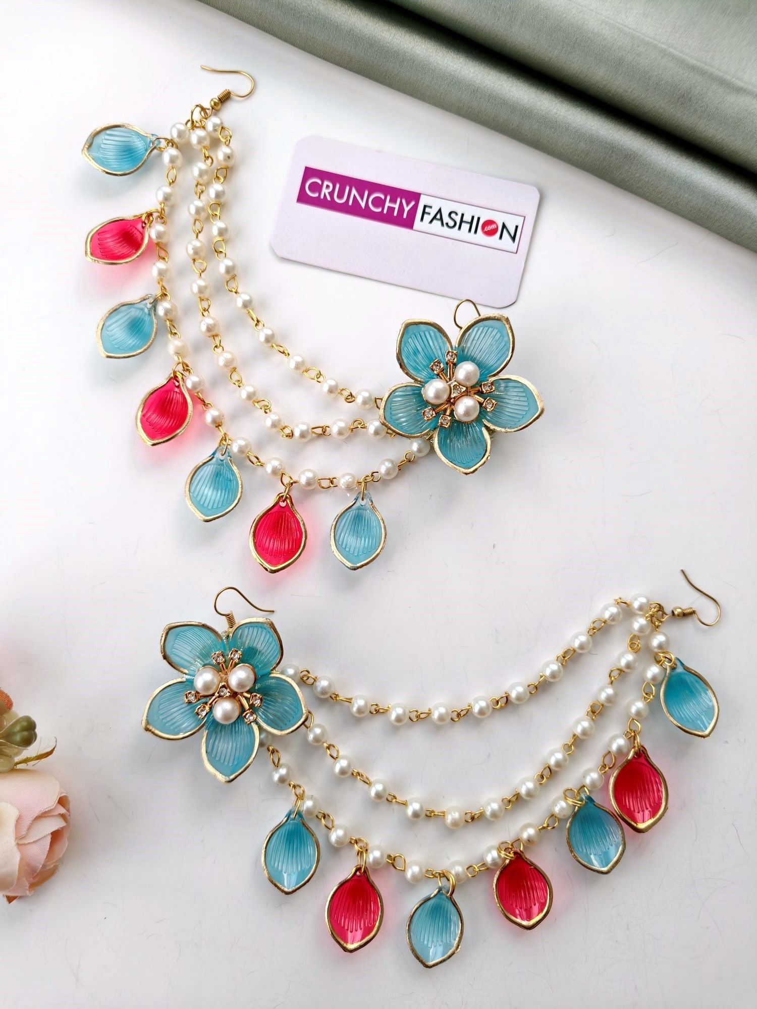 Acrylic floral haldi jewellery set in blue pink aqua with earrings