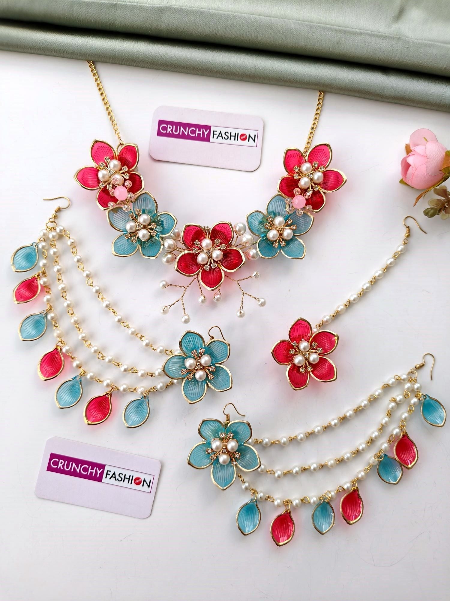 Acrylic floral haldi jewellery set in blue pink aqua with earrings