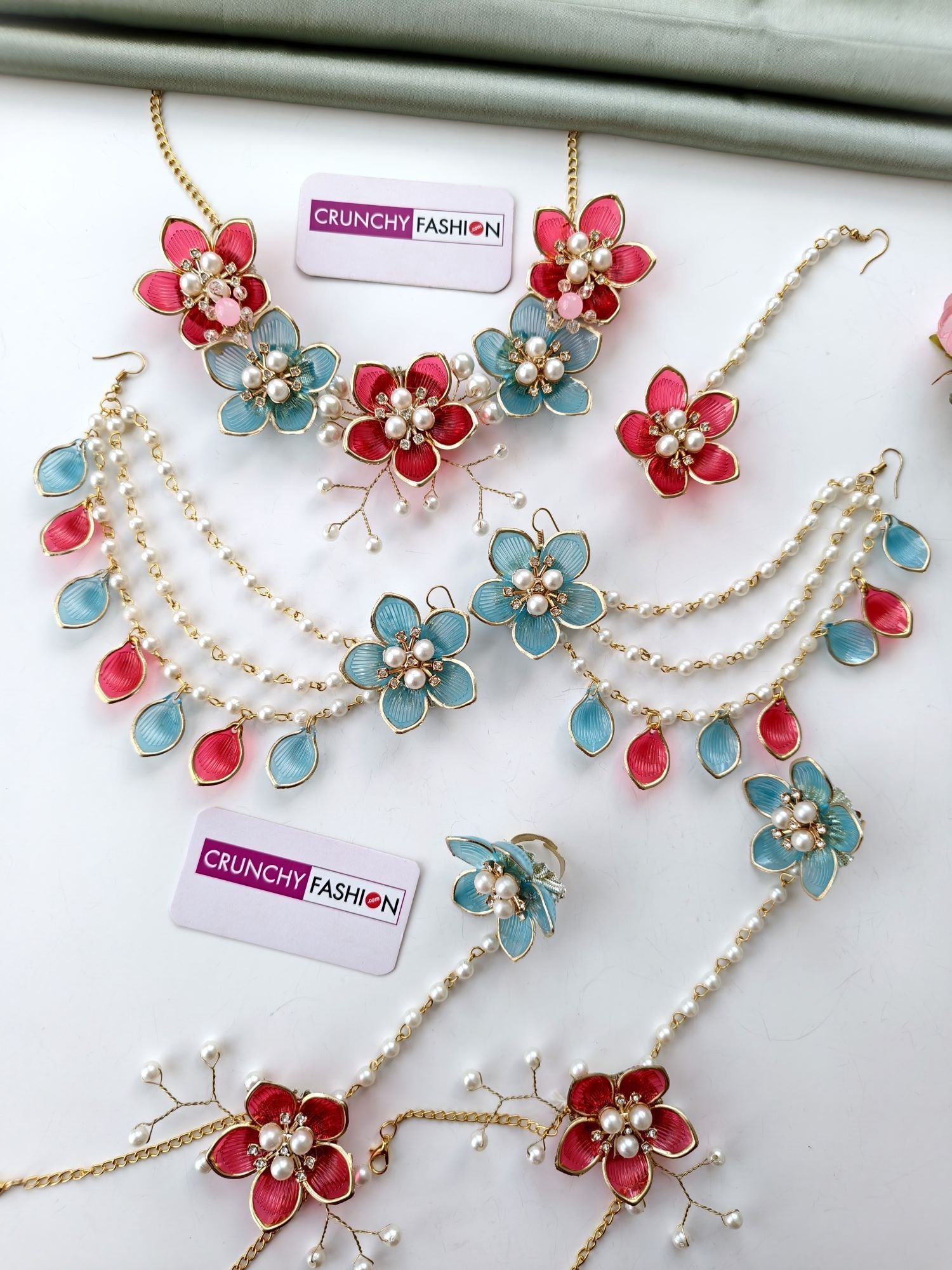 Acrylic floral haldi jewellery set in blue pink aqua with earrings