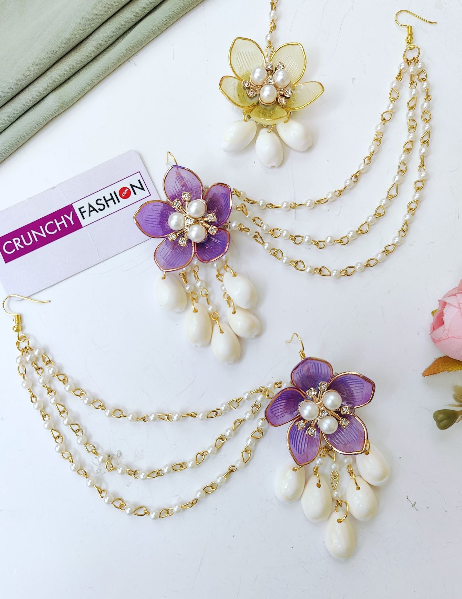 Purple-Pink Acrylic Floral Haldi Mehandi Jewellery Set