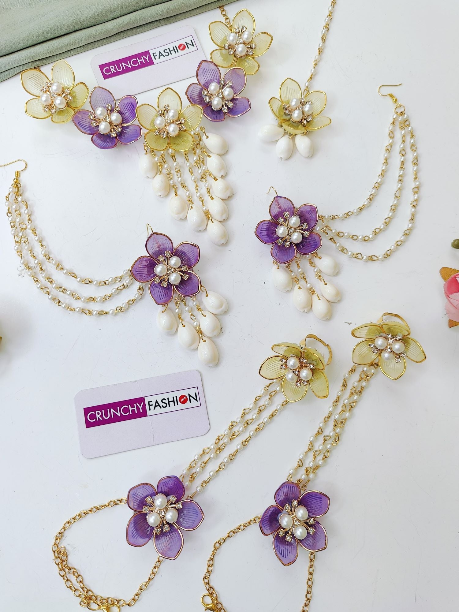Purple-Pink Acrylic Floral Haldi Mehandi Jewellery Set