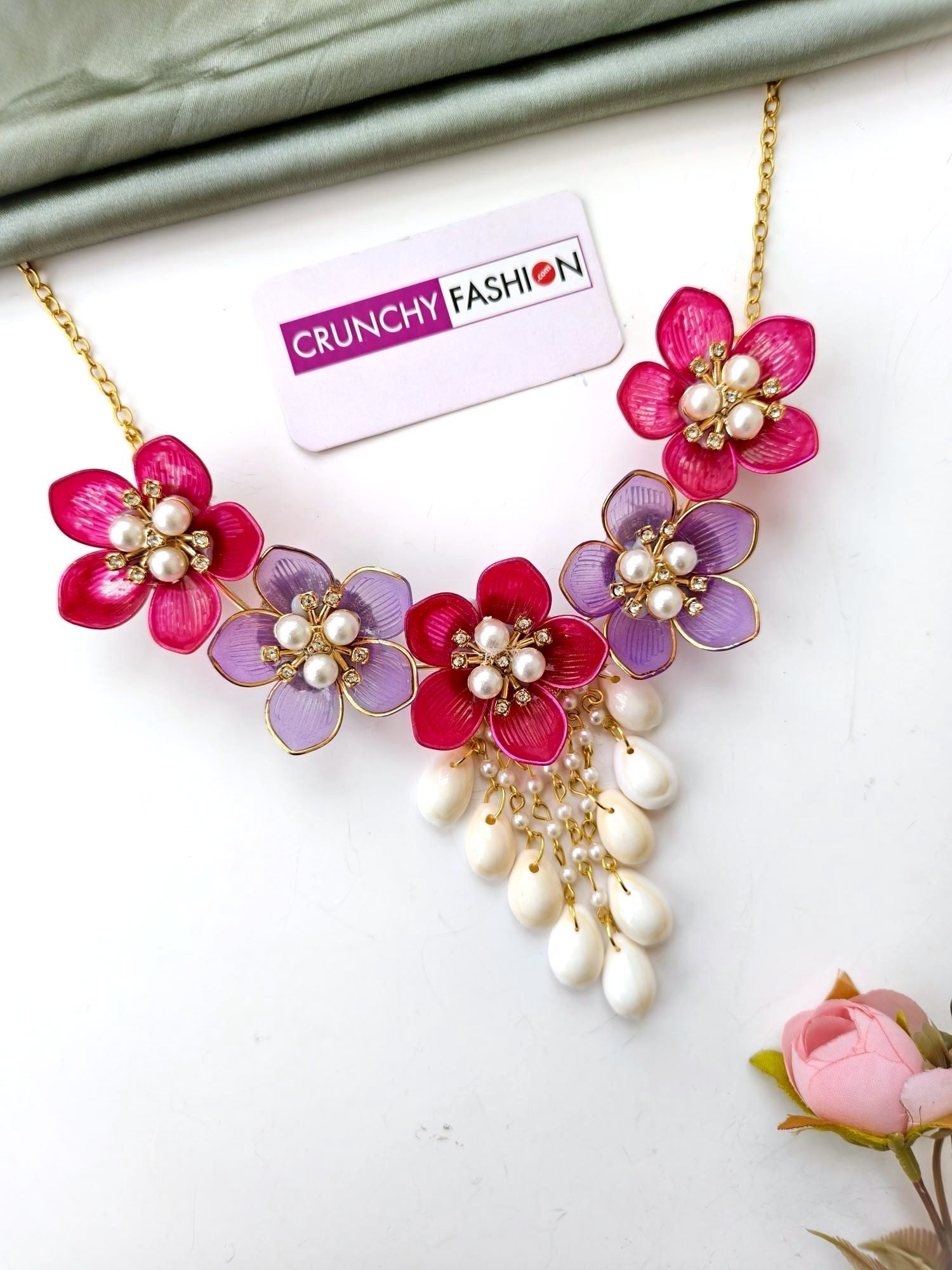 Pink-purple acrylic flower and shell jewelry set for women, ideal for haldi, mehndi, or wedding events