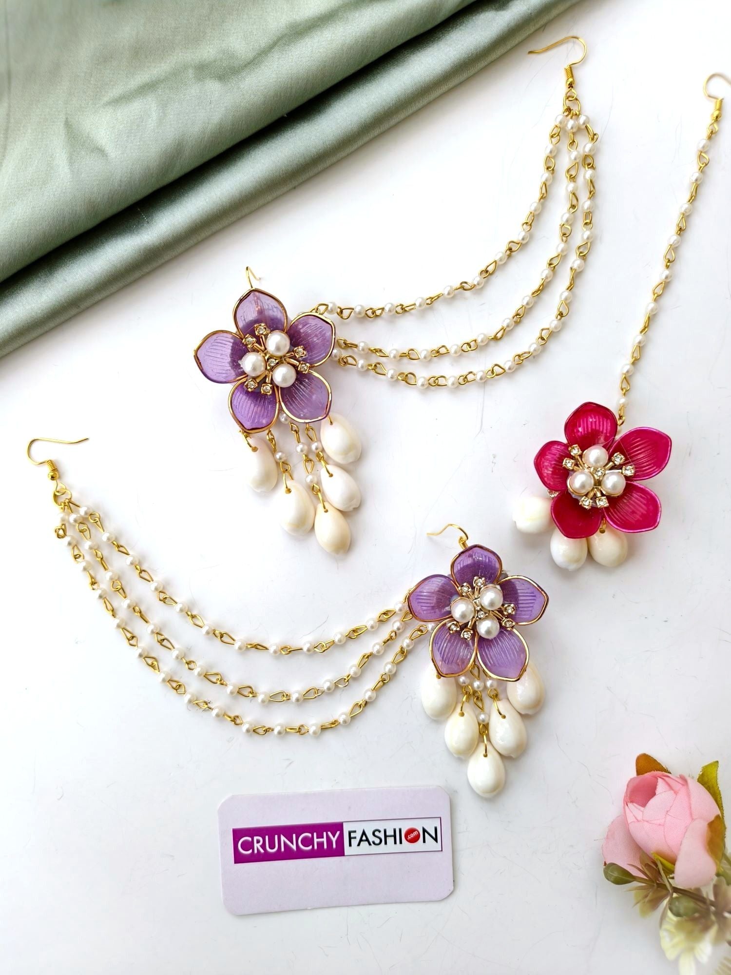 Pink-purple acrylic flower and shell jewelry set for women, ideal for haldi, mehndi, or wedding events