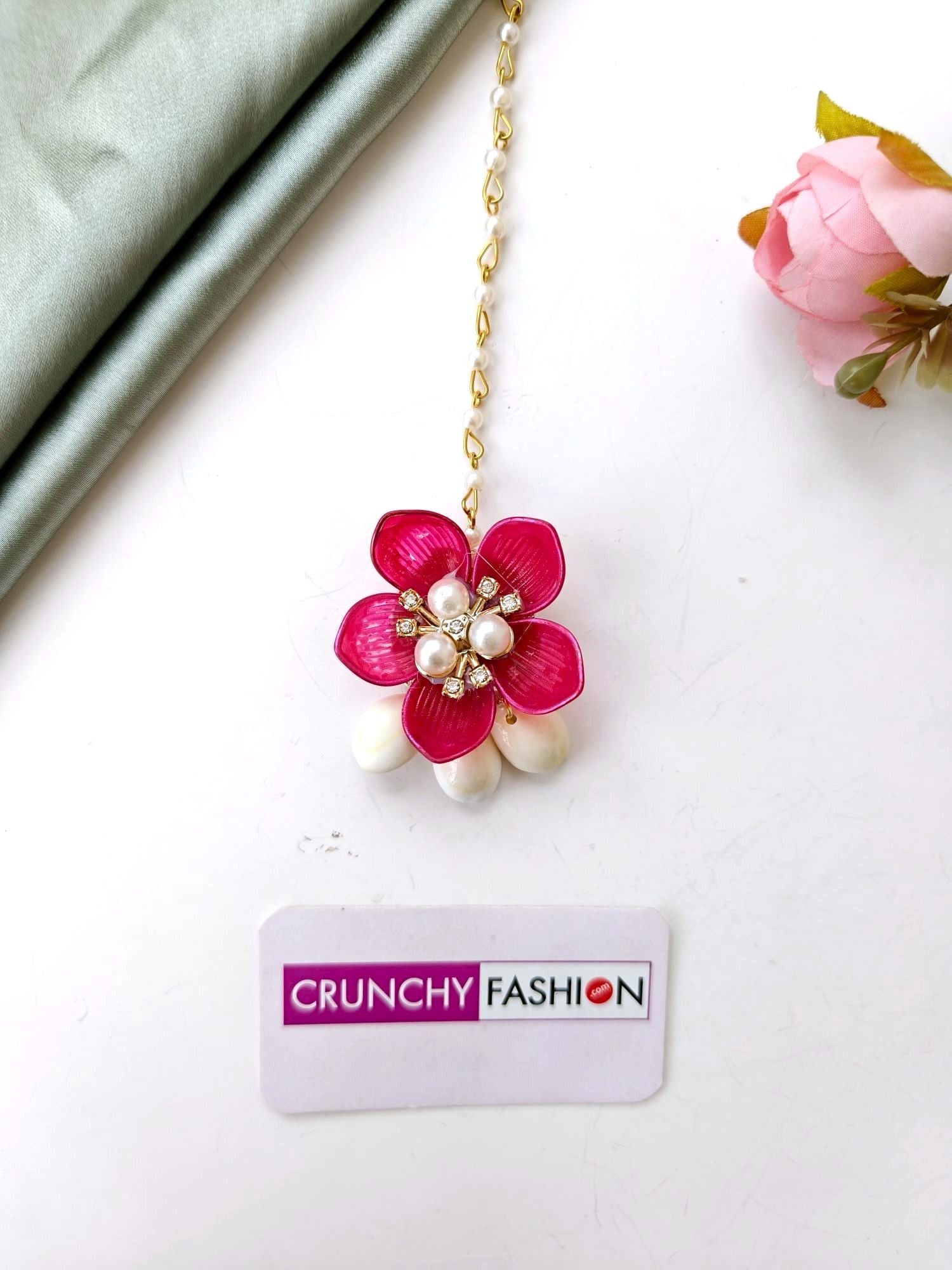Pink-purple acrylic flower and shell jewelry set for women, ideal for haldi, mehndi, or wedding events